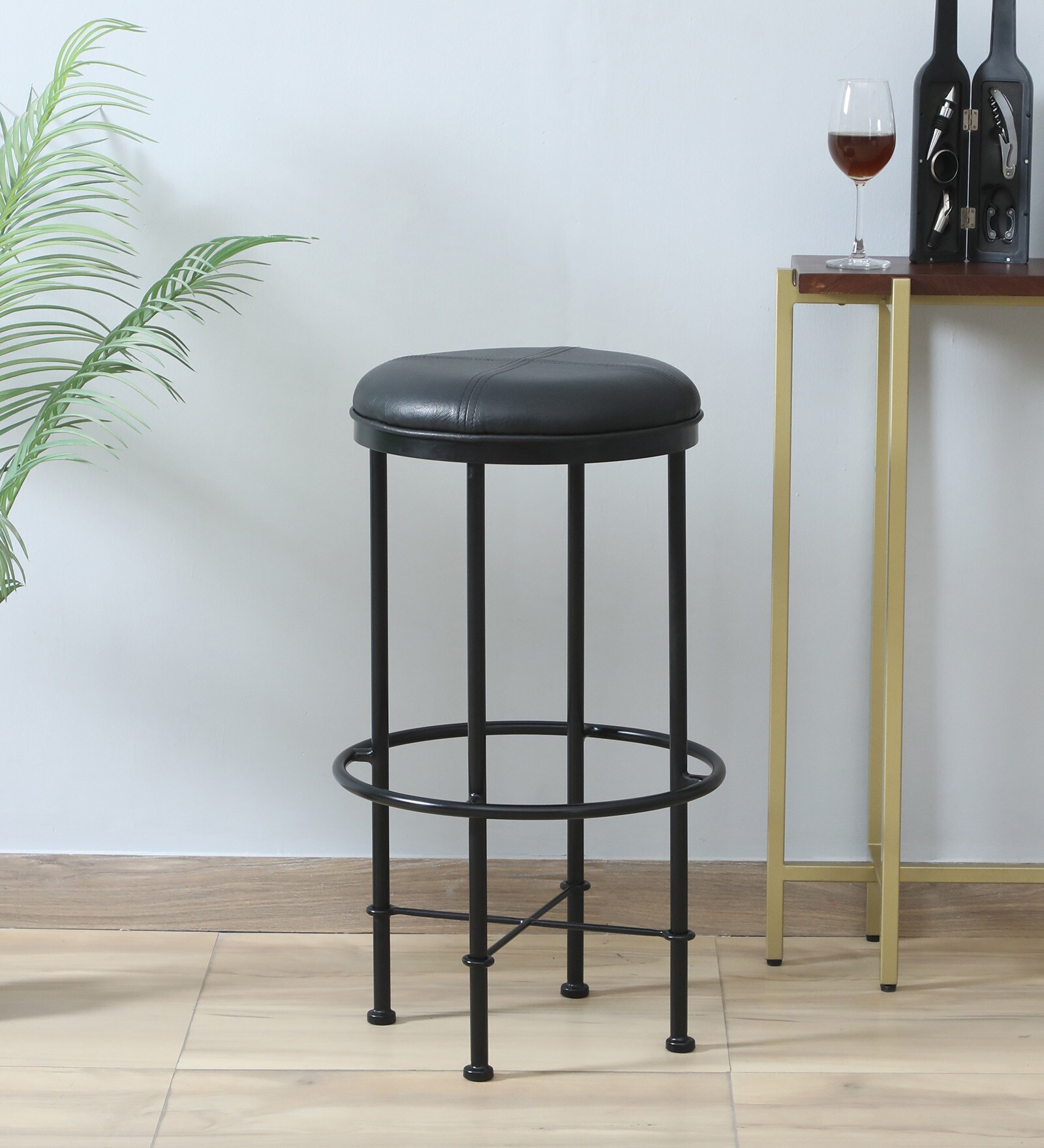Minaj Metal Bar Stool In Black Finish With Leather Seating