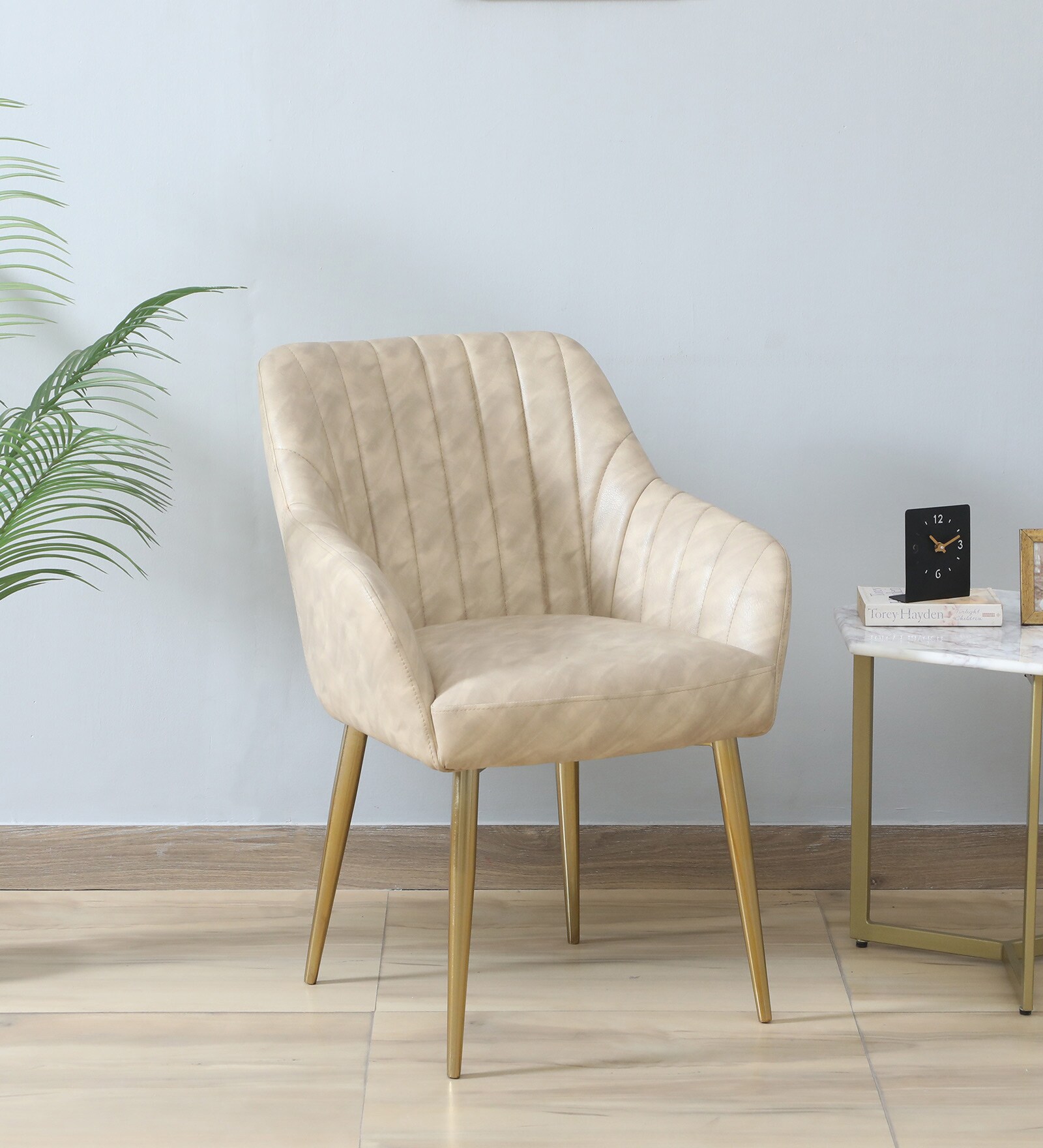 Minaj Metal Chair In Gold Finish With Ivory Leather Seating