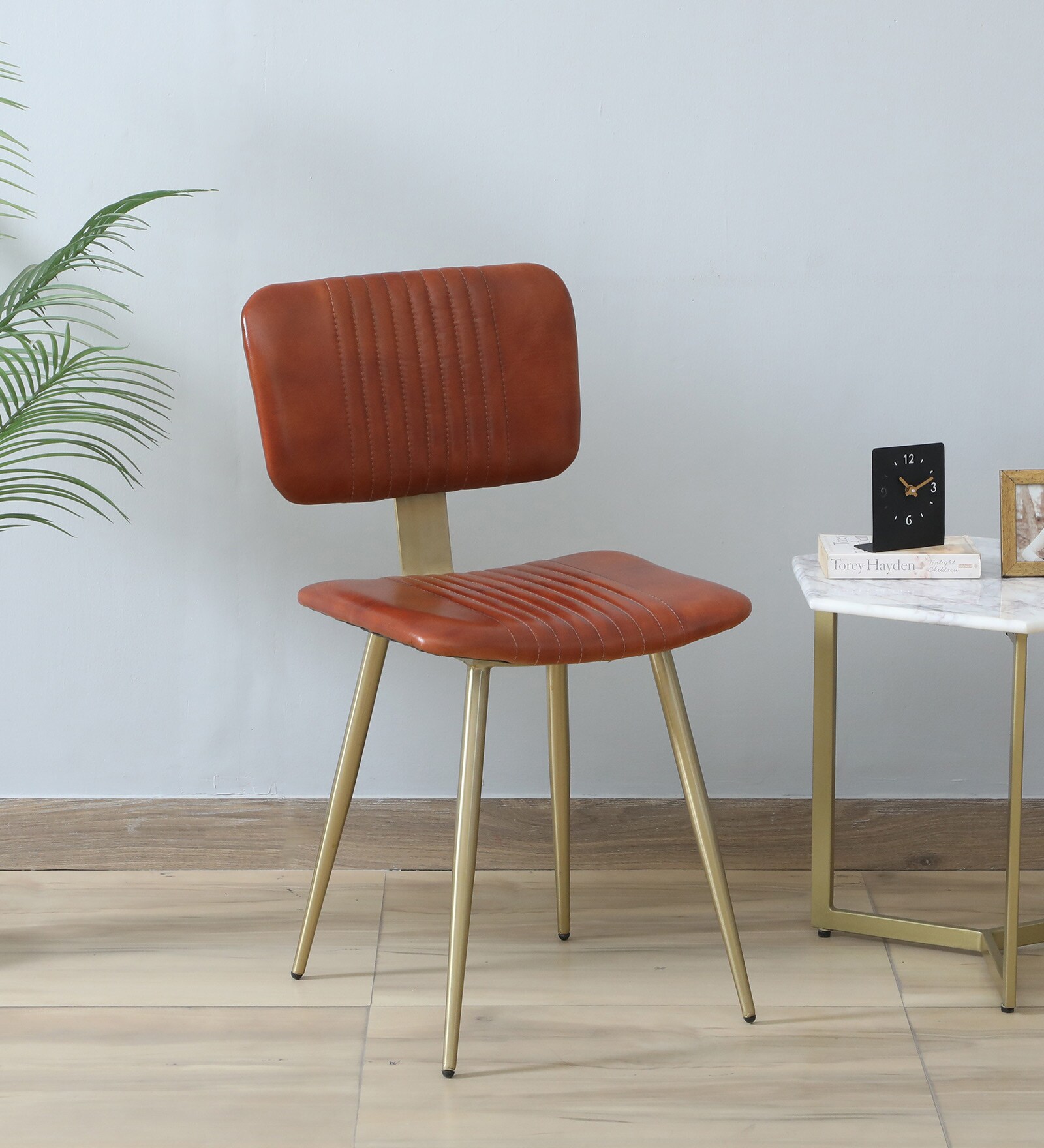 Minaj Metal Chair In Gold Finish With Leather Seating