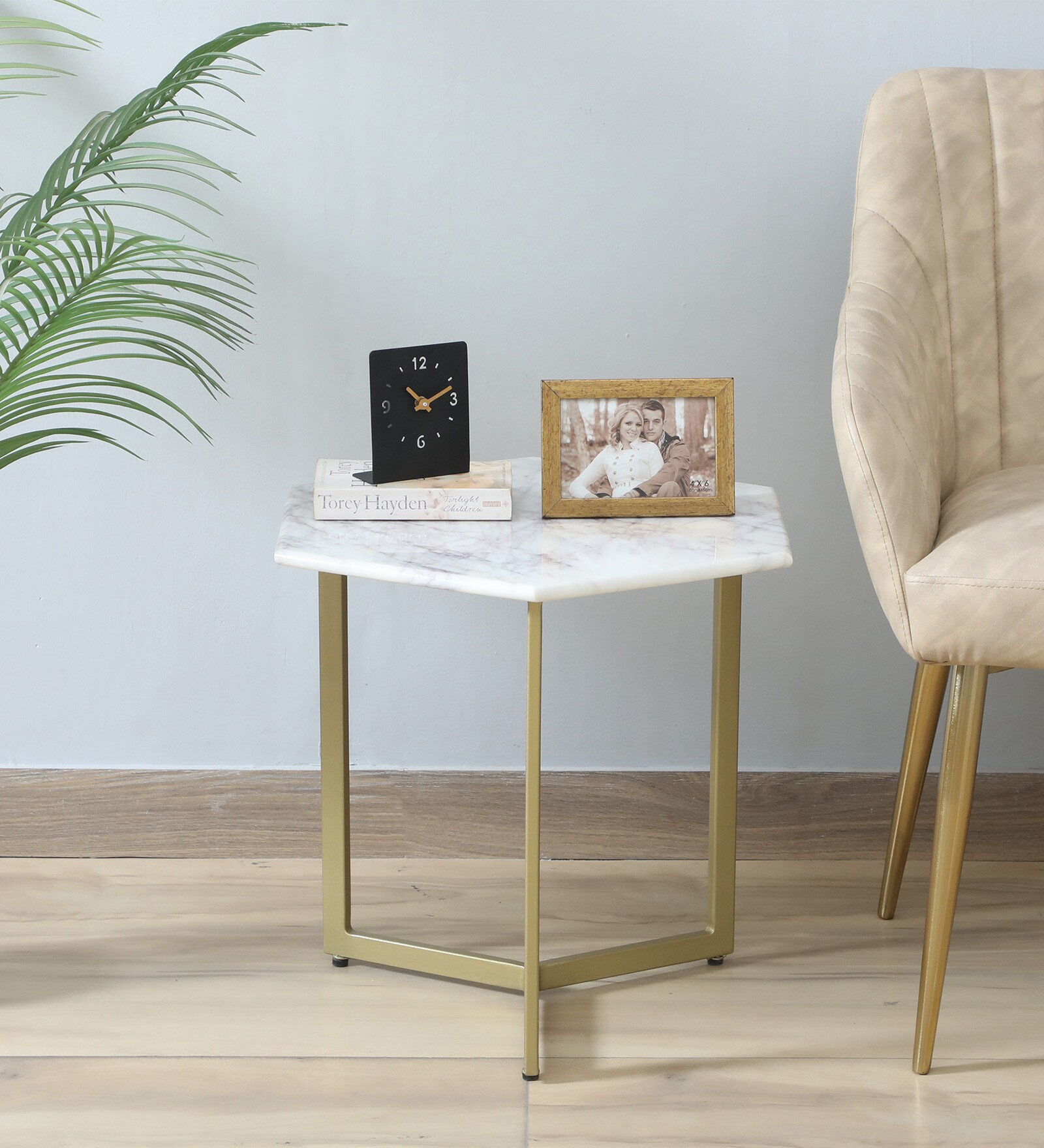 Minaj Metal End Table In Gold Finish With Marble Top