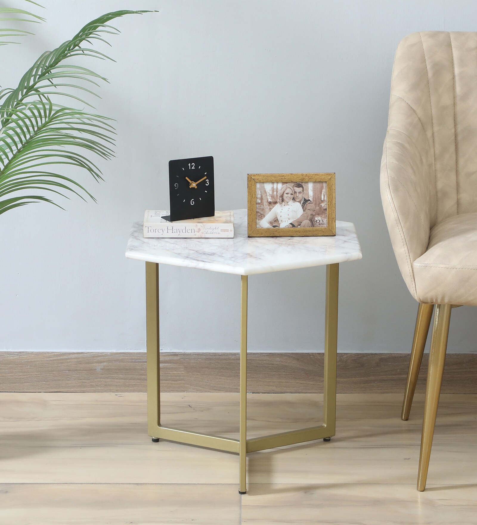 Minaj Metal End Table In Gold Finish With Marble Top