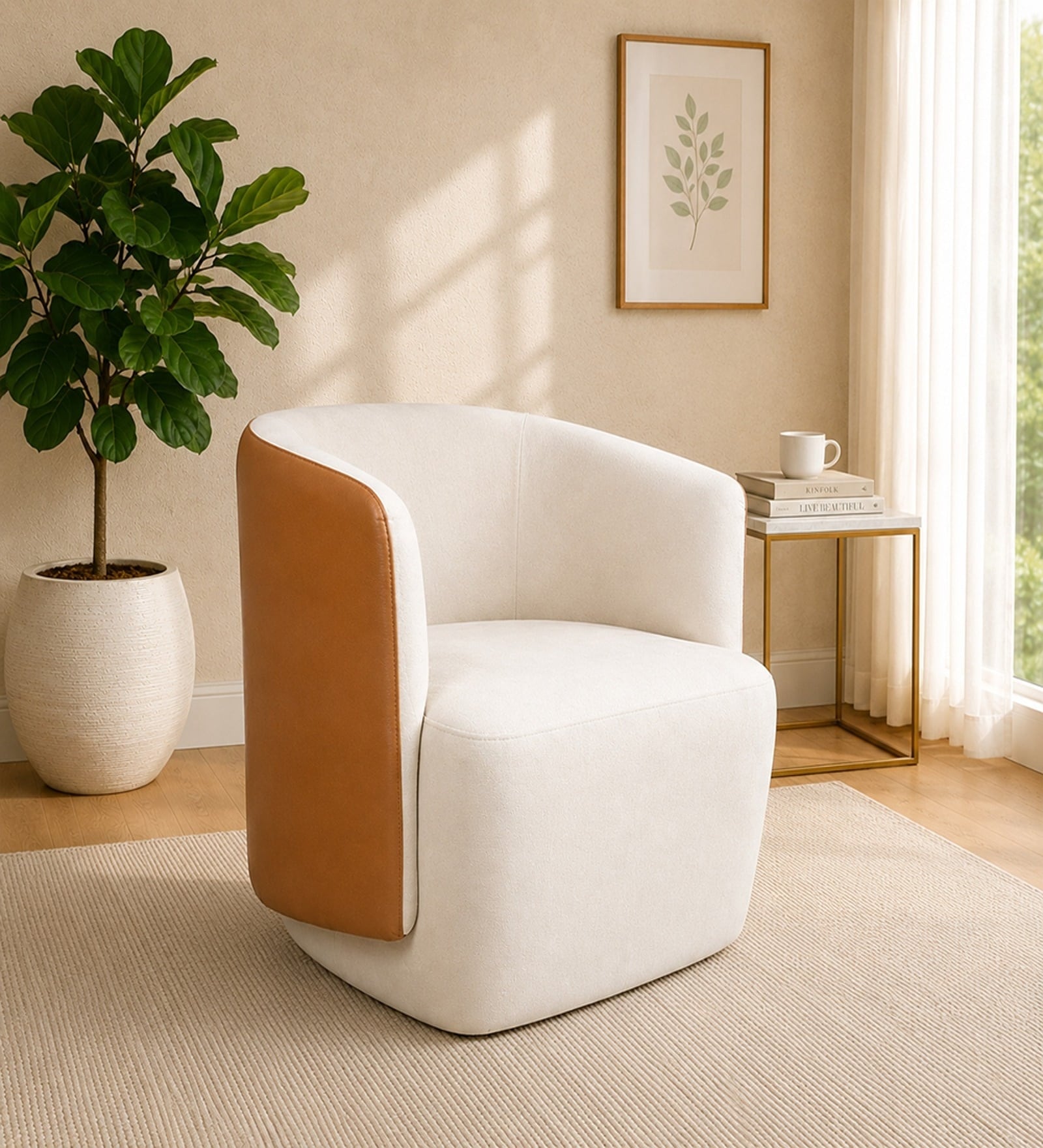 Minceta Velvet Swivel Barrel Chair in Off White and Brown Colour