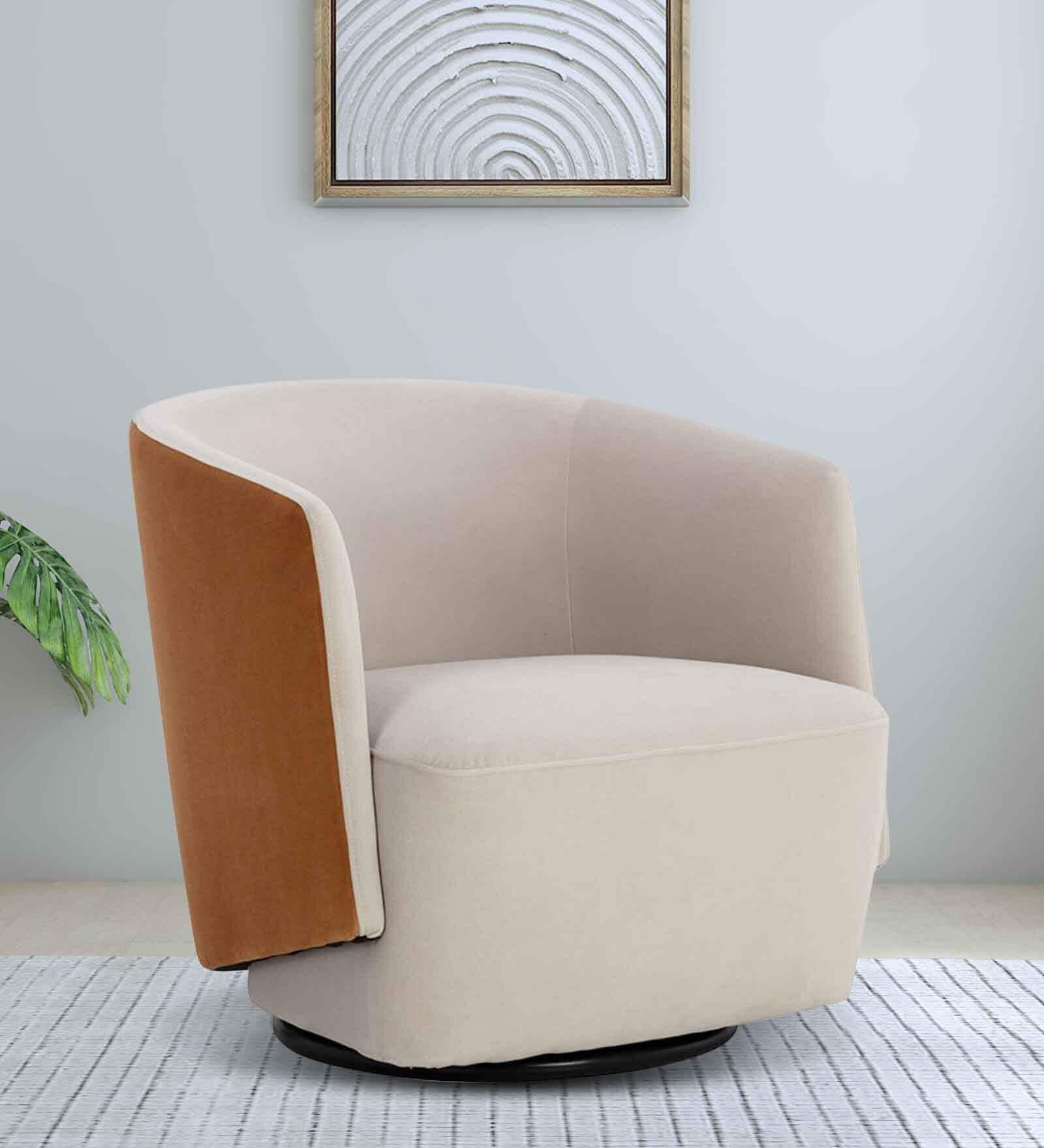 Minceta Velvet Swivel Barrel Chair in Off White and Brown Colour