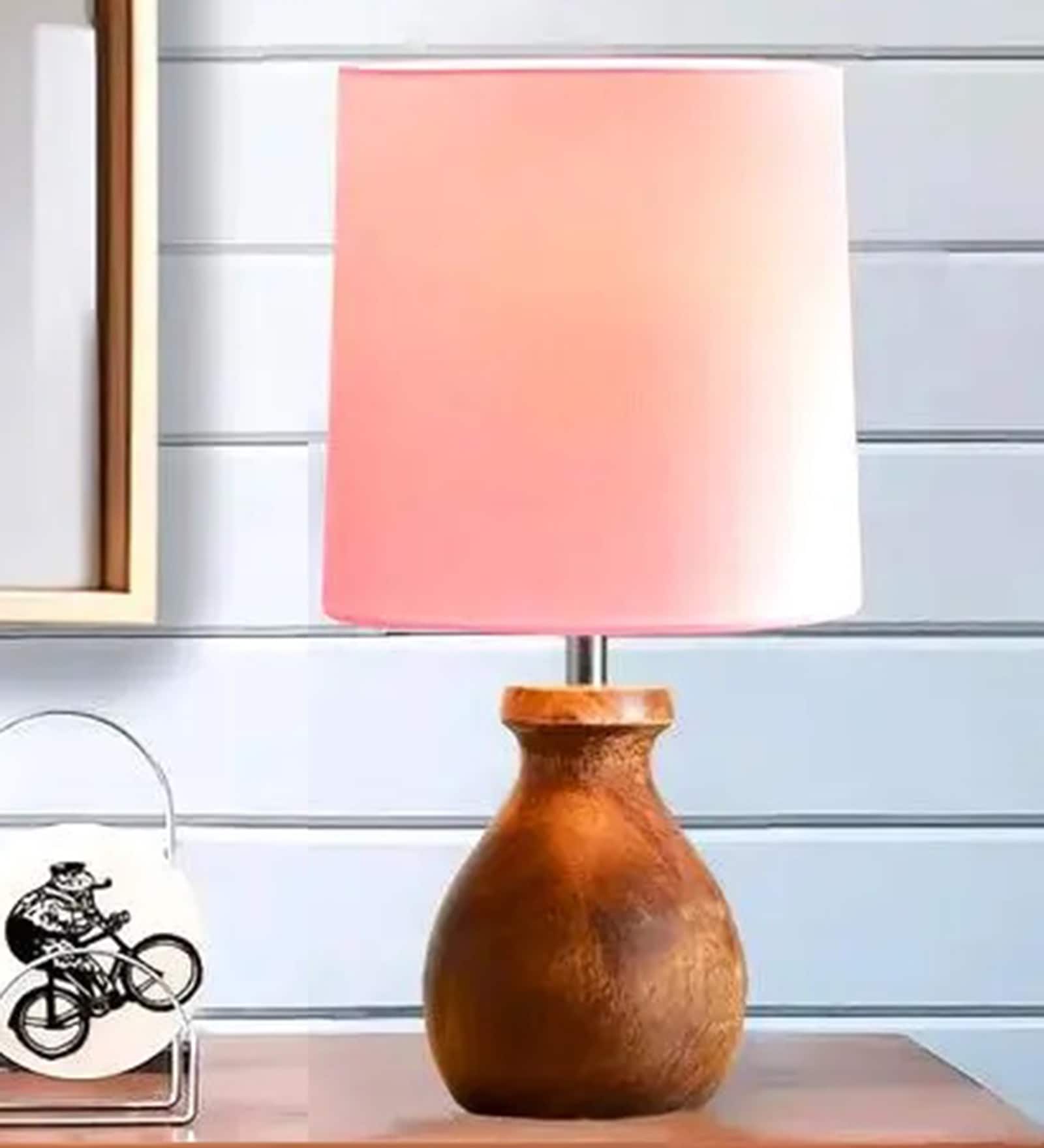 Mini Farmhouse Wooden Dowel Pot Table Lamp , Pink