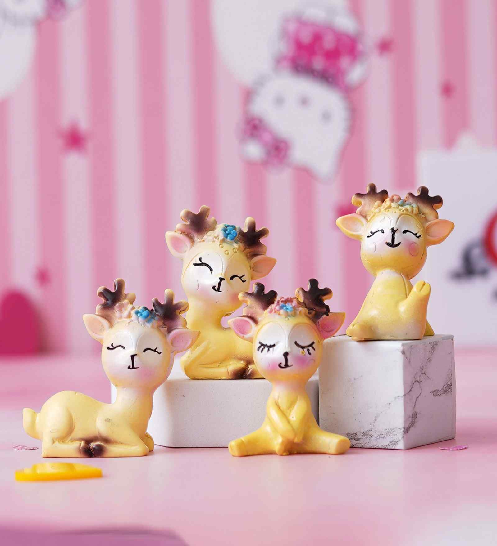Miniature Cute Deer Set of 4 Yellow Polyresin Figurines