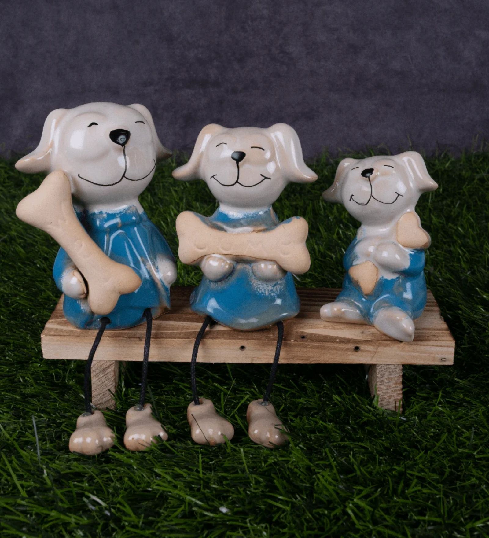 Miniature Dog Family On A Bench Figurines