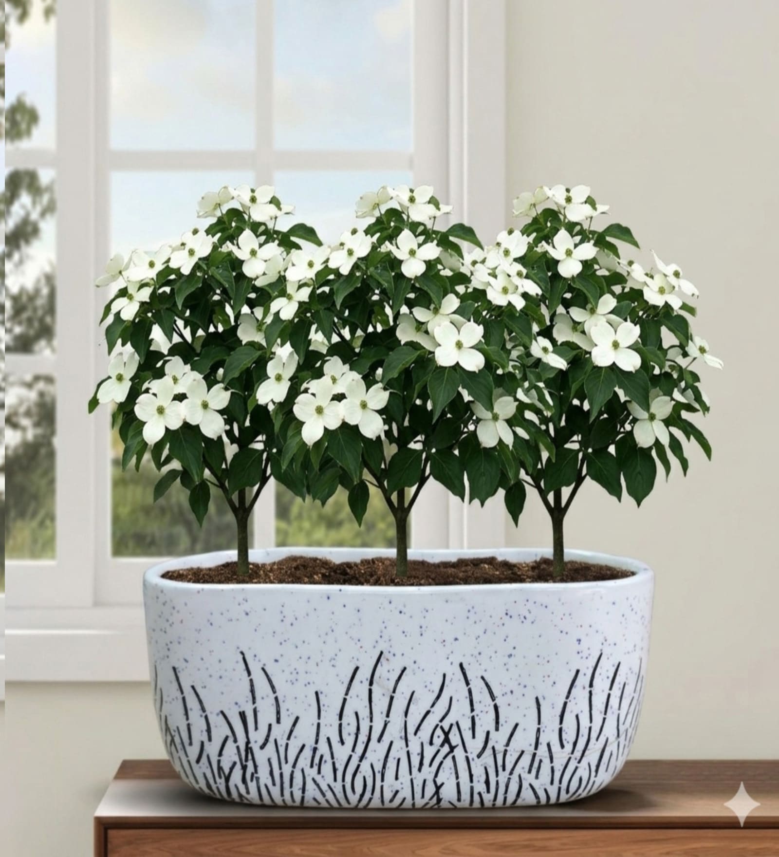 Minimal Grass Art Ceramic Planter Bowl White Decorative Succulent Pot for Home & Office Decor