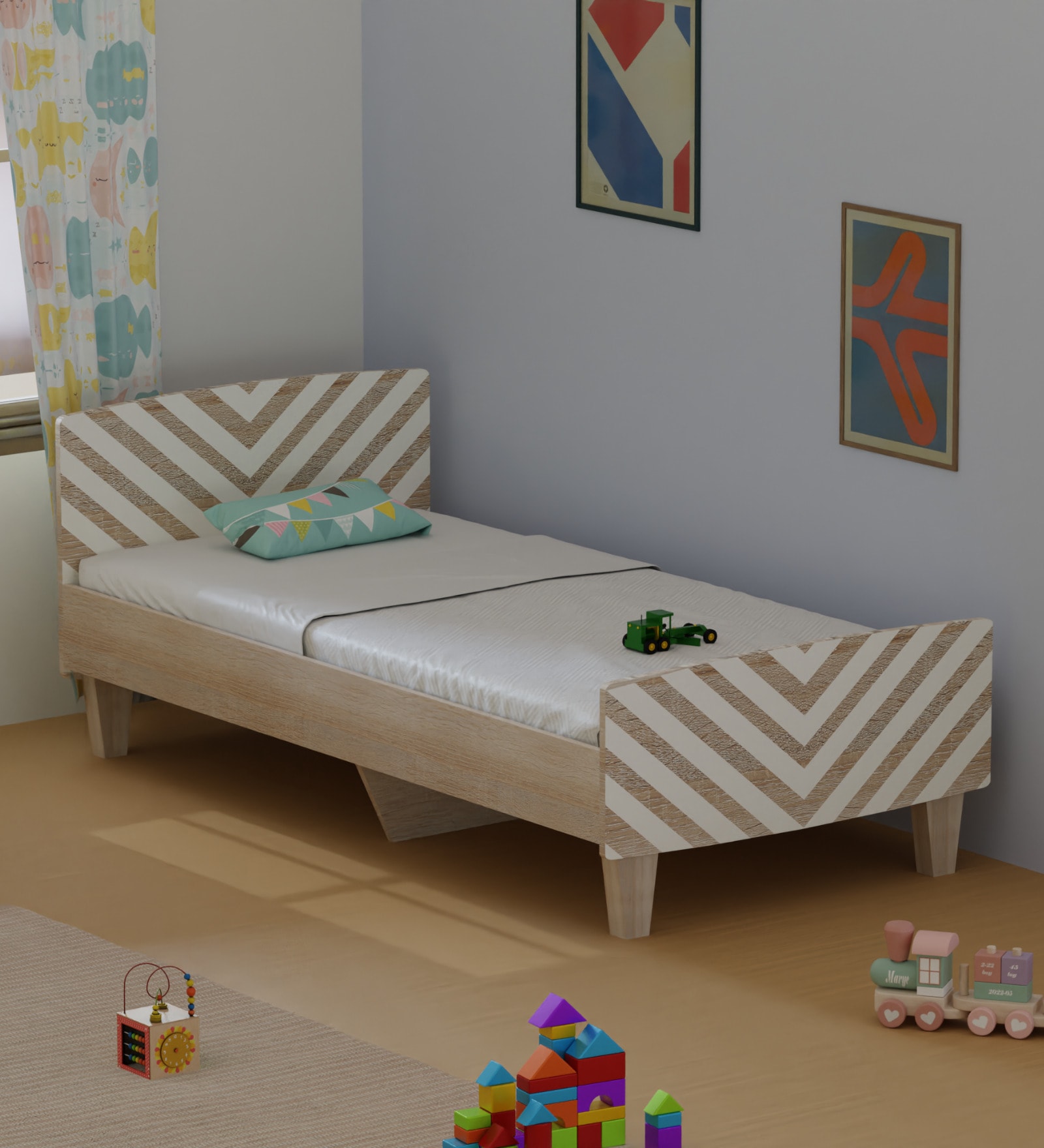 Minimalist Kids Single Bed in Oak and White Stripes