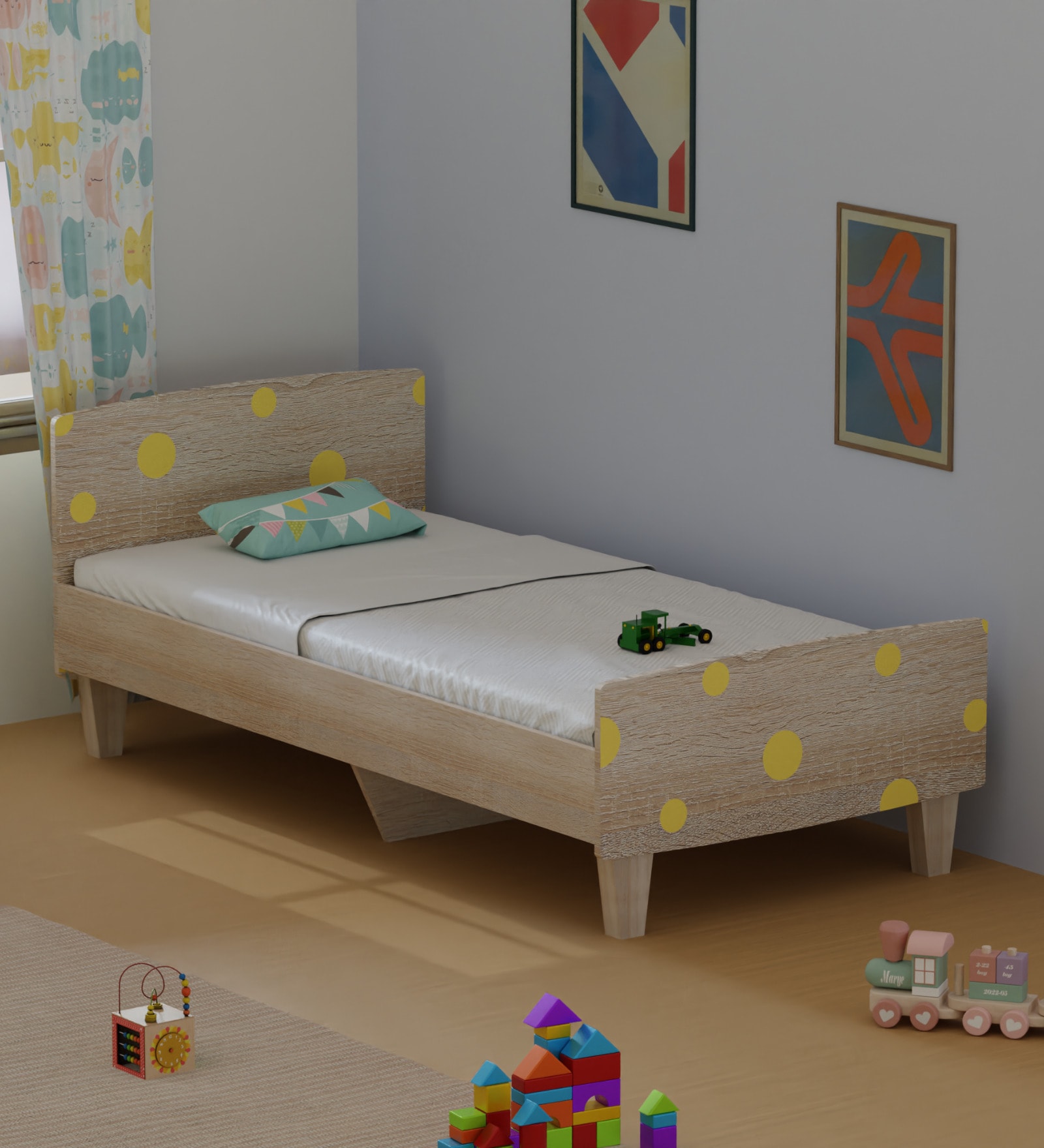 Minimalist Kids Single Bed in Oak and Yellow