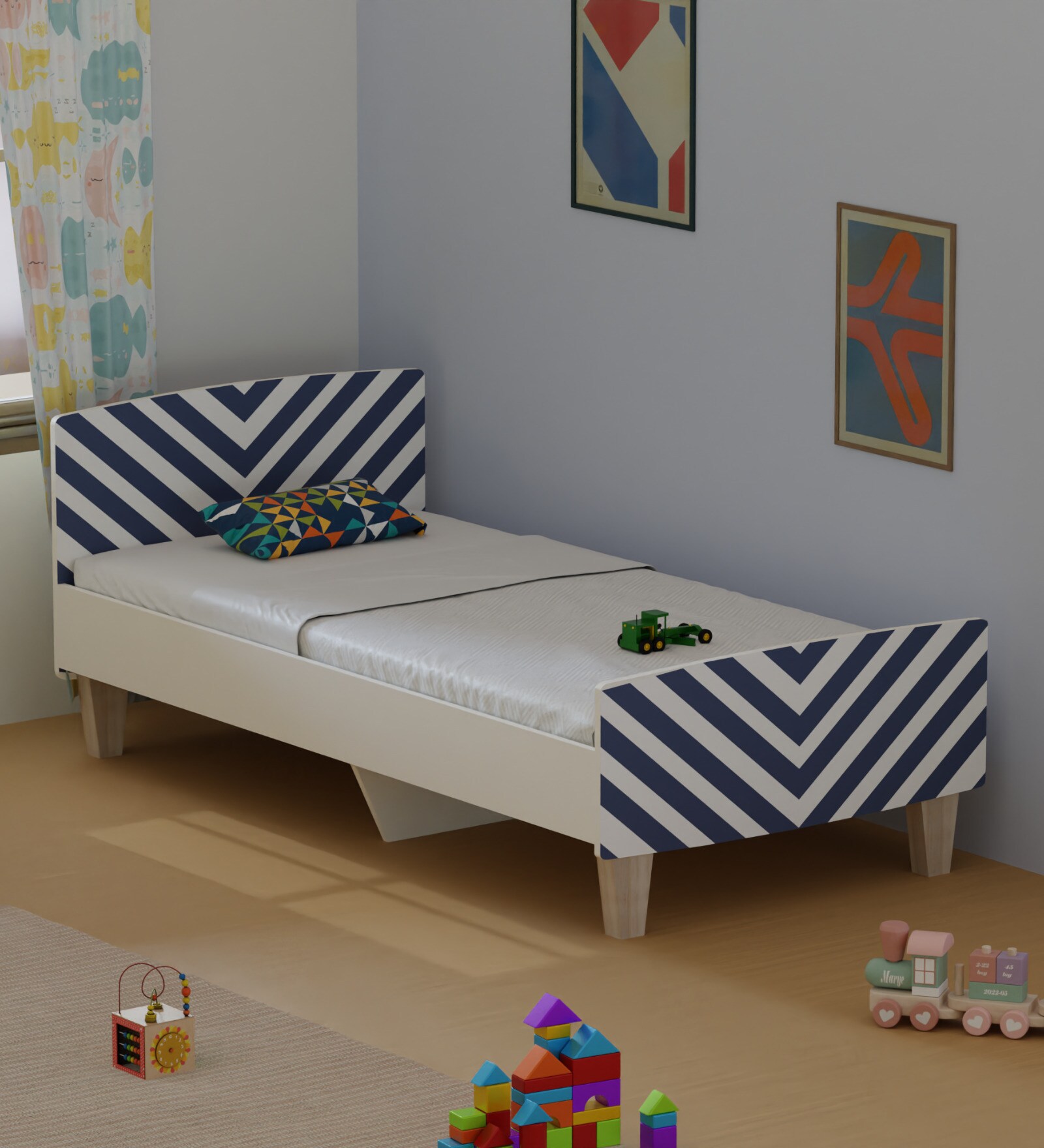 Minimalist Kids Single Bed in White and Blue Stripes