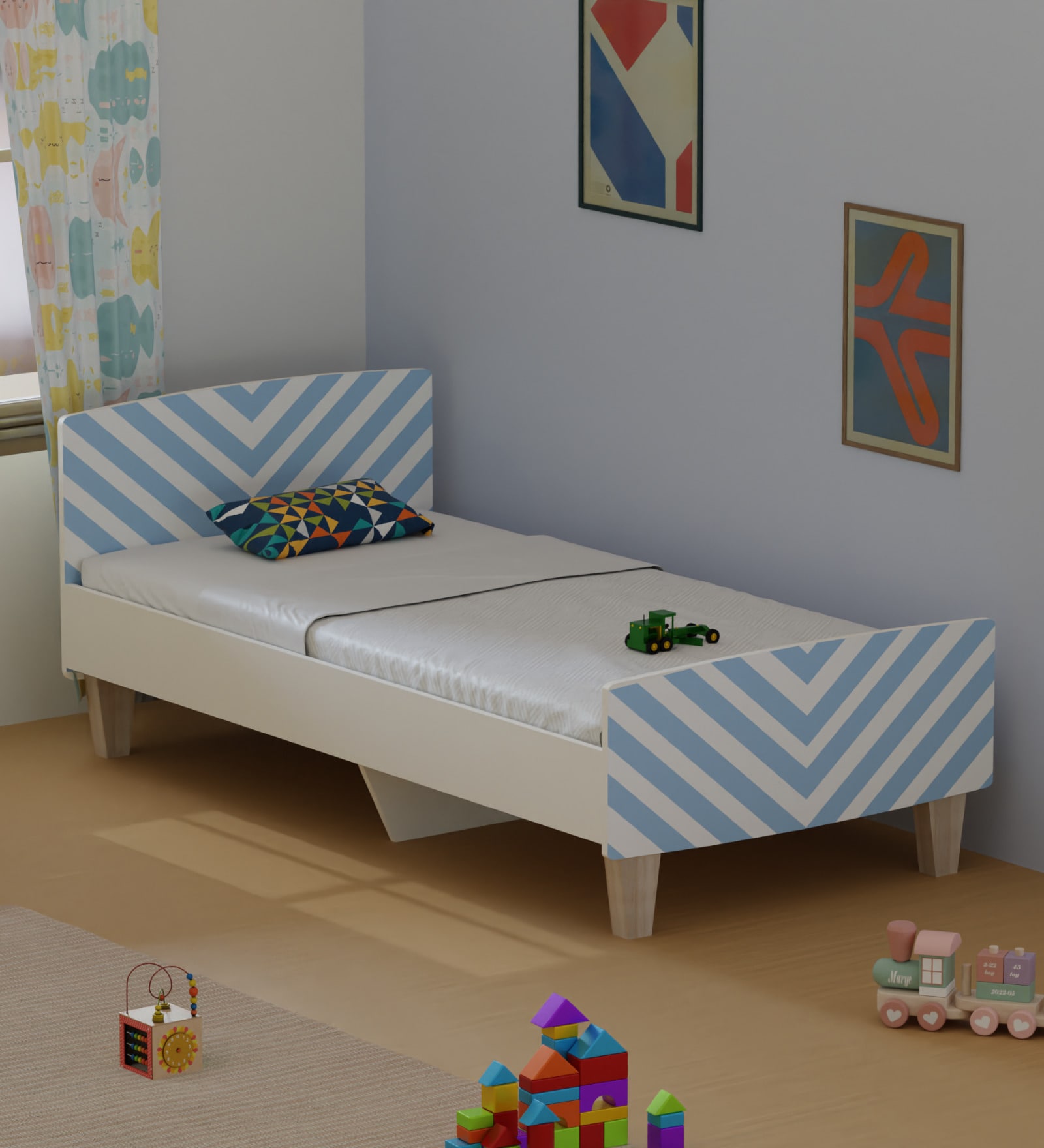 Minimalist Kids Single Bed in White and Light Blue Stripes