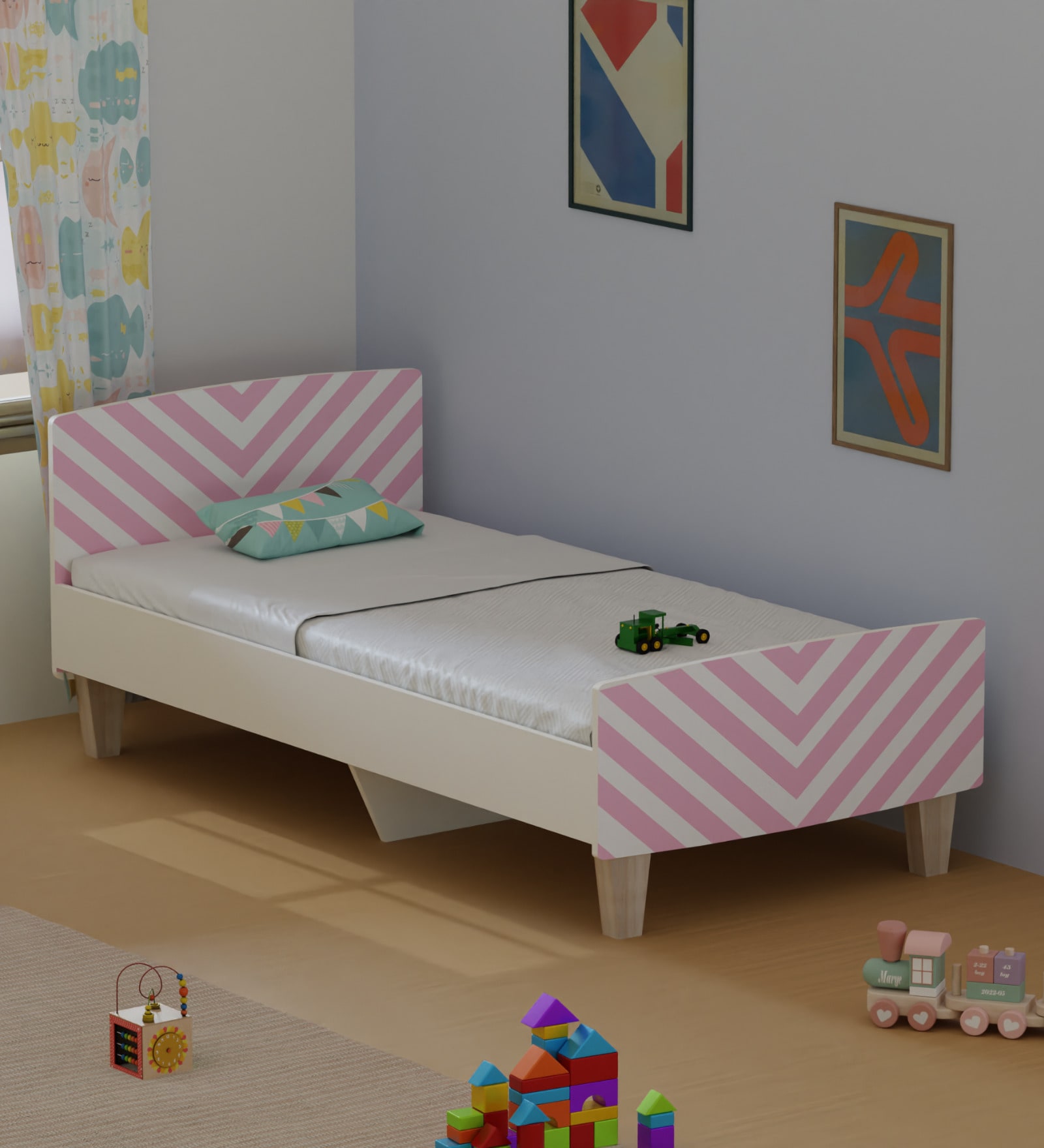 Minimalist Kids Single Bed in White and Pink Stripes
