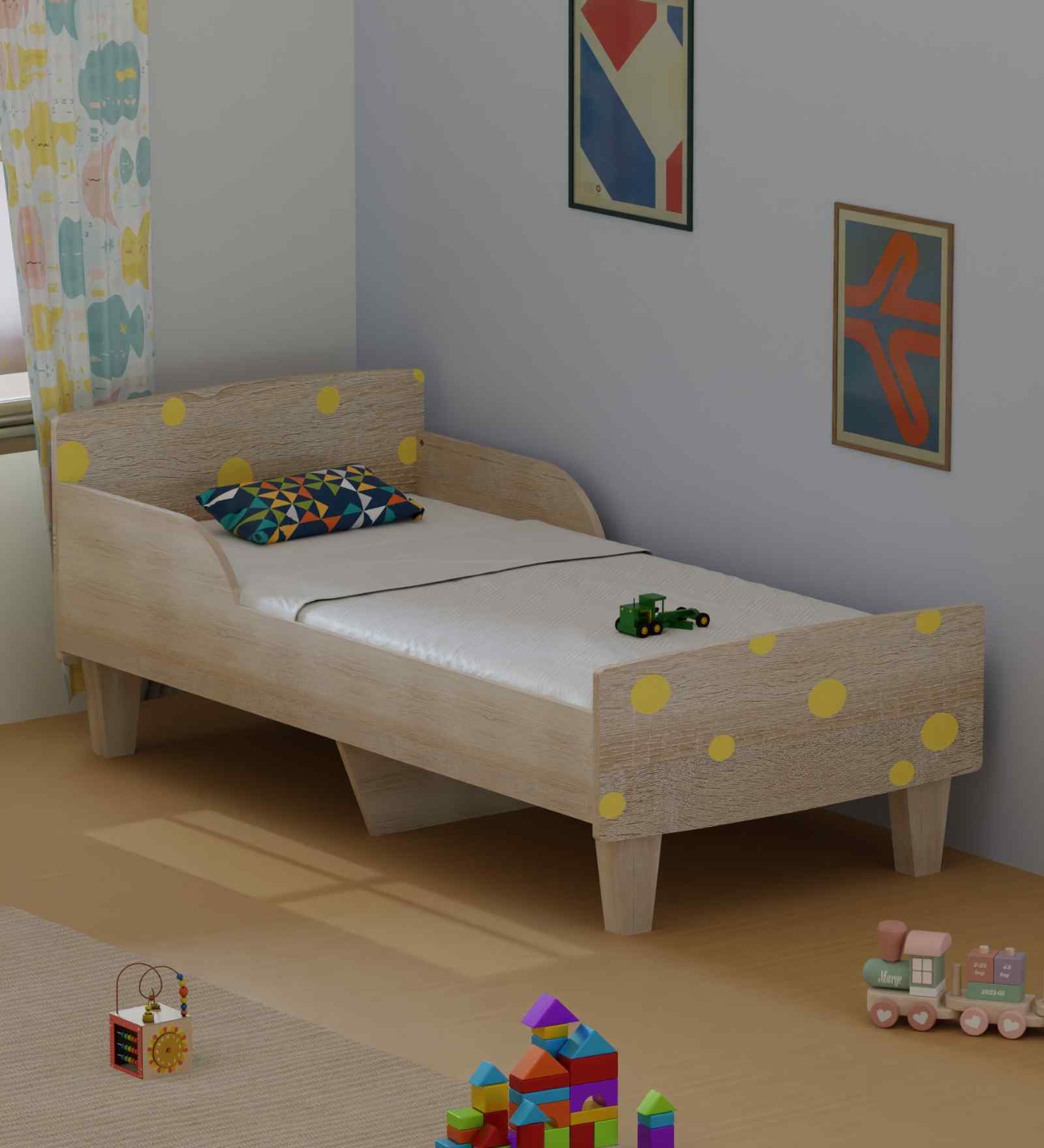 Minimalist Kids Toddler Bed in Oak and Yellow Finish