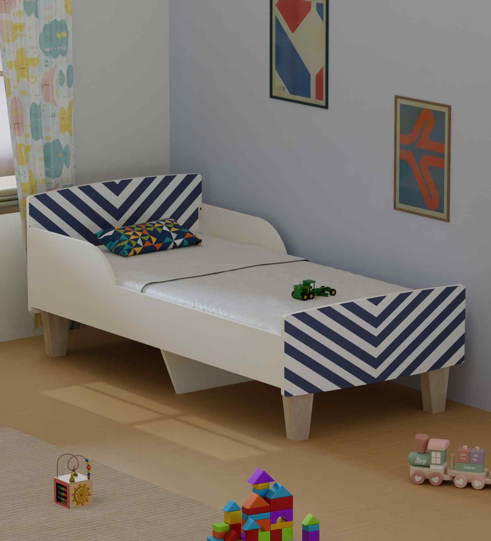 Minimalist Kids Toddler Bed in White and Blue Stripes