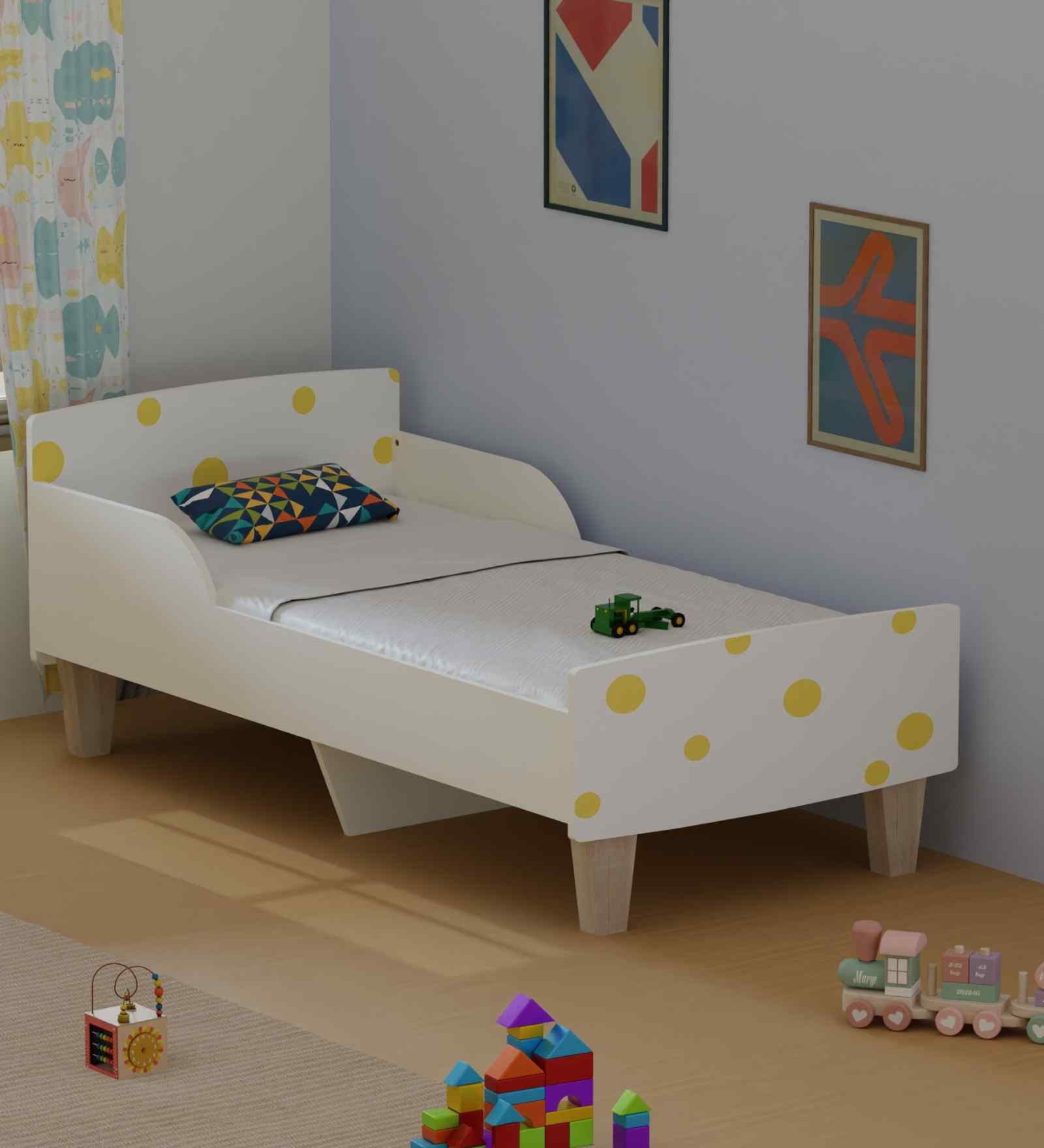 Minimalist Kids Toddler Bed in White and Yellow Finish