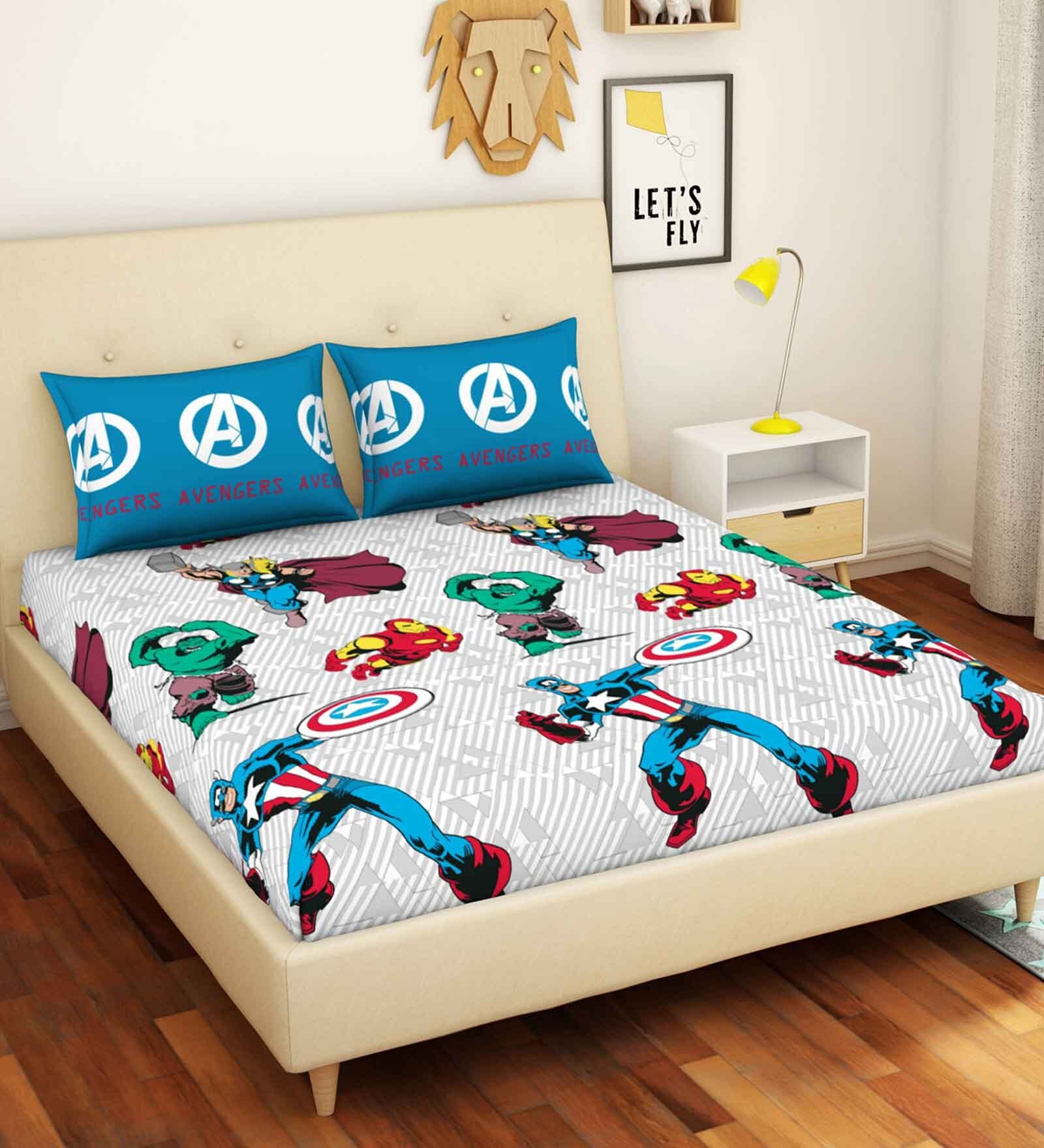 Avengers Themed Double Bedsheet with 2 Pillow Cover in Blue Colour