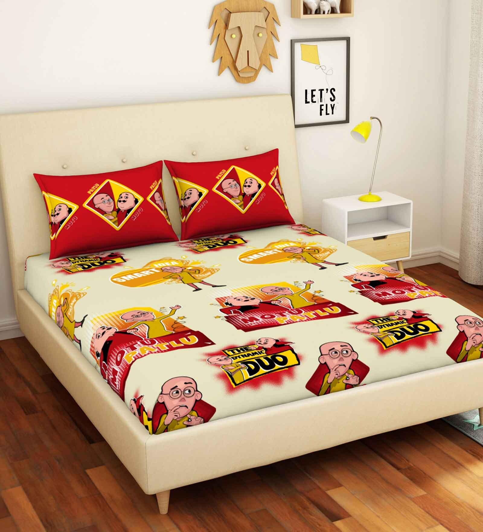Motu Patlu Themed Double Bedsheet with 2 Pillow Cover in Red & Yellow Colour