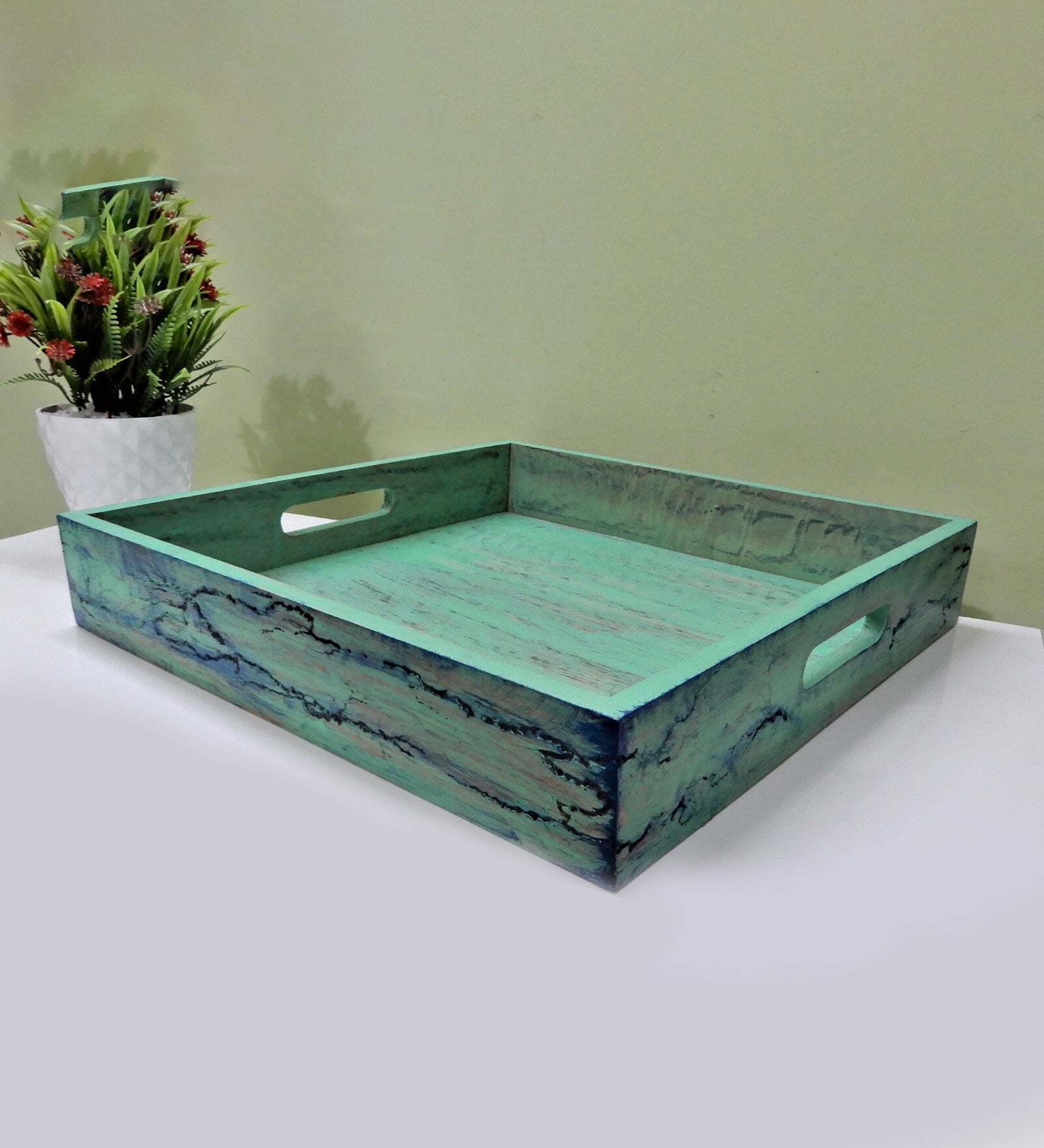 Mint Blue  Handpainted  Wood   Serving Tray