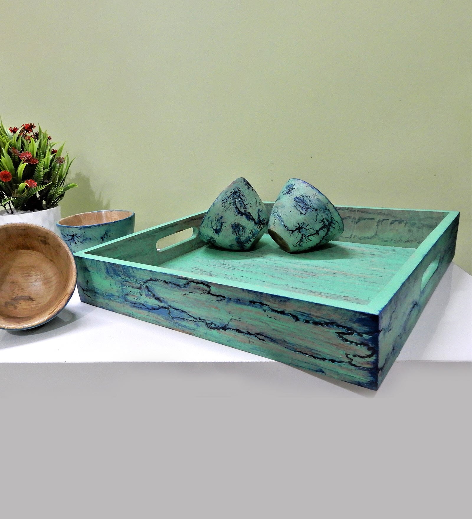 Mint Blue 100 m Handpainted  Wood  4 Pcs Bowls With Serving Tray