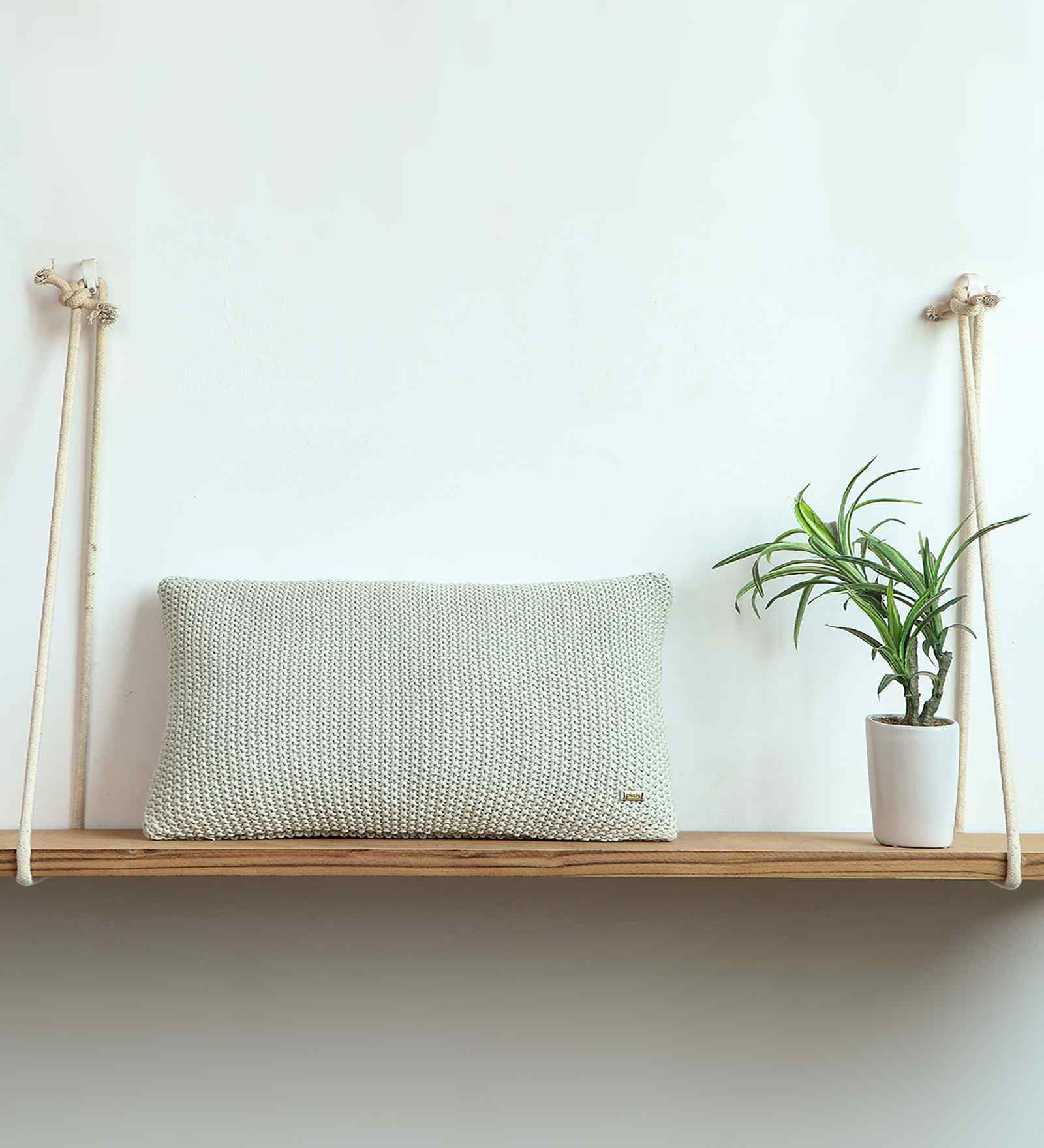 Mint Cream & Silver Green 100% Cotton Moss Marld 12X20 Inches Knitted Cushion Cover