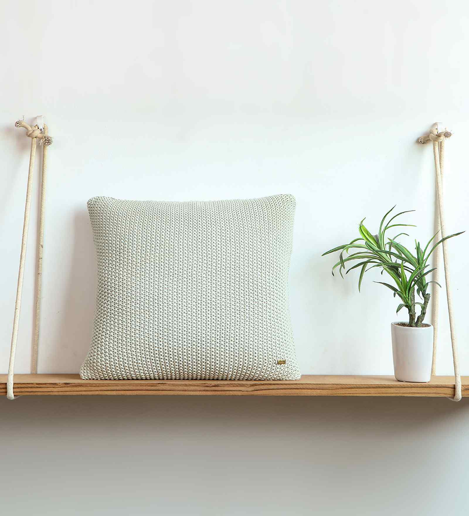 Mint Cream & Silver Green 100% Cotton Moss Marld 16X16 Inches Knitted Cushion Cover