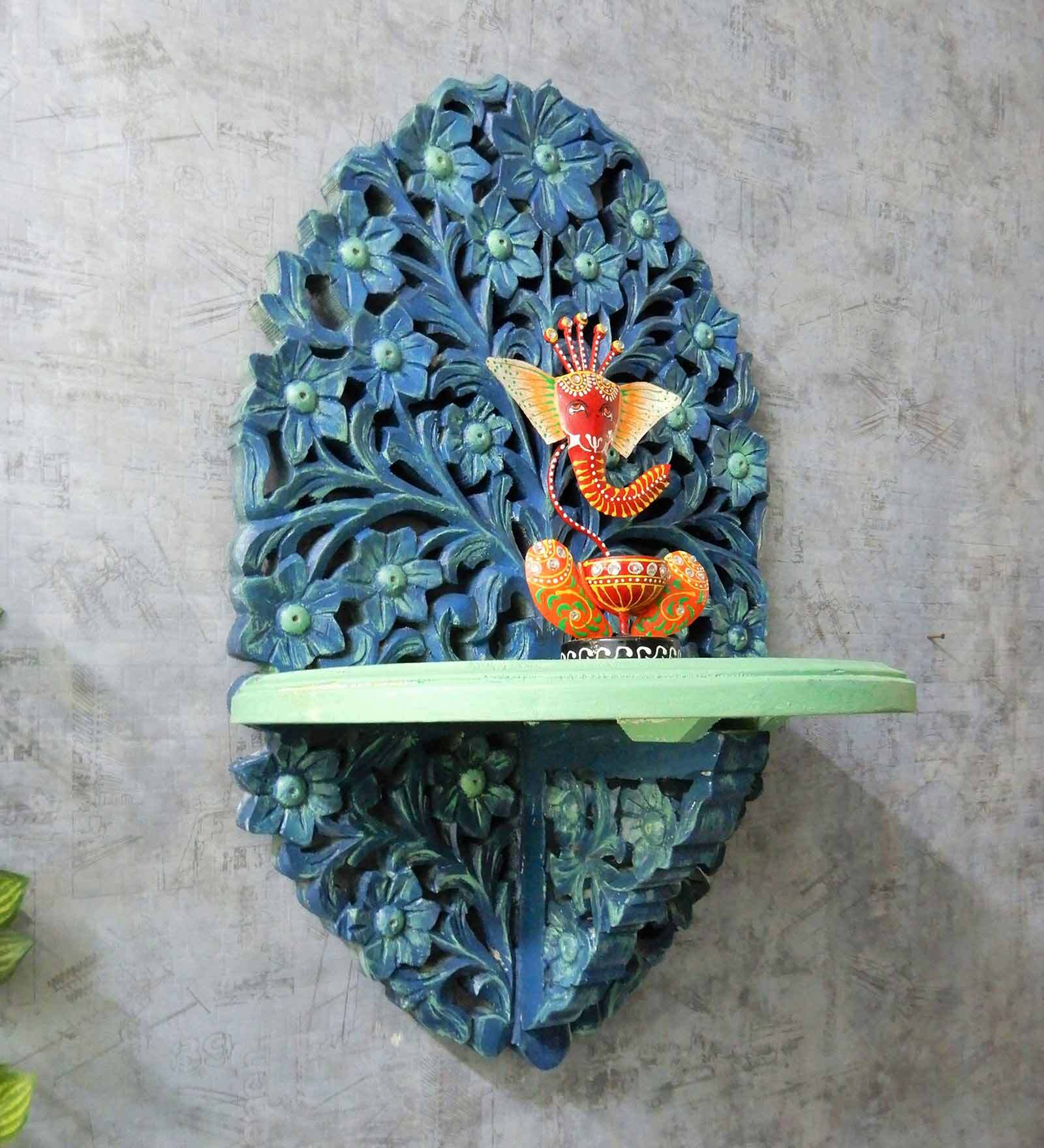 Mint Green & Blue Vintage Looks Handmade Carving Pooja Shelf