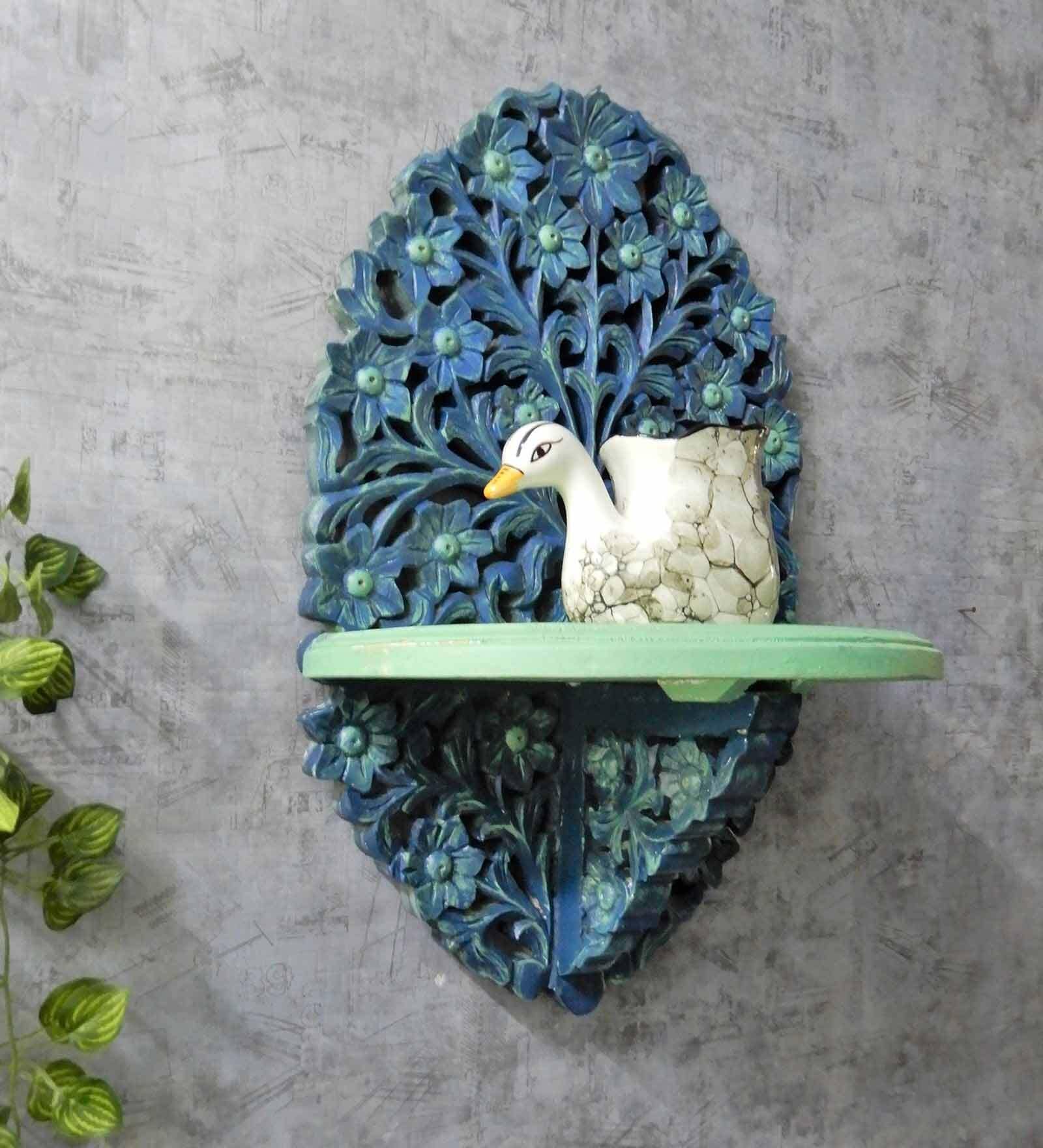 Mint Green & Blue Vintage Looks Handmade Carving Pooja Shelf