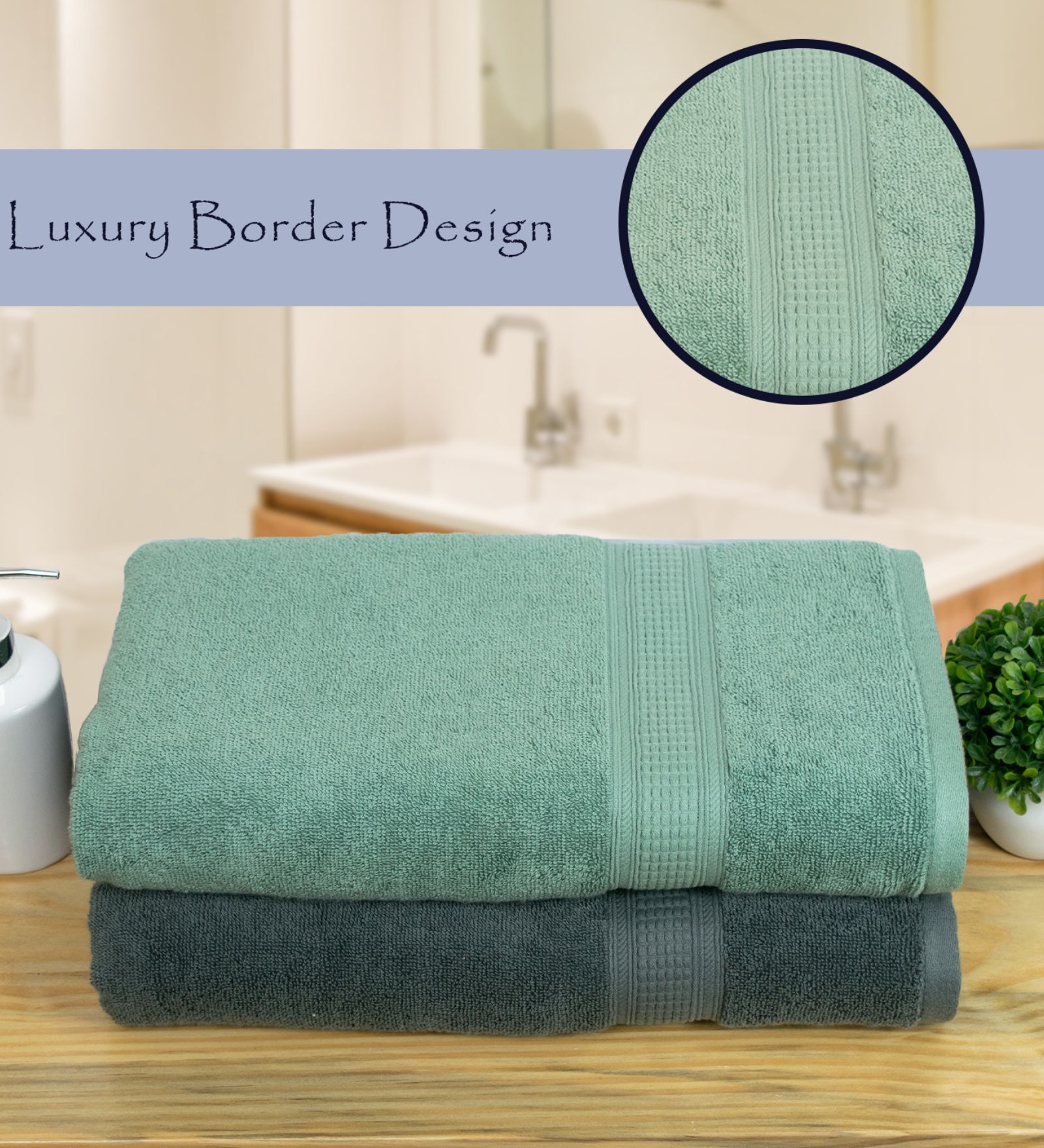 Mint Green & Grey Cotton Solid  500 GSM Bath Towels Pack of 2