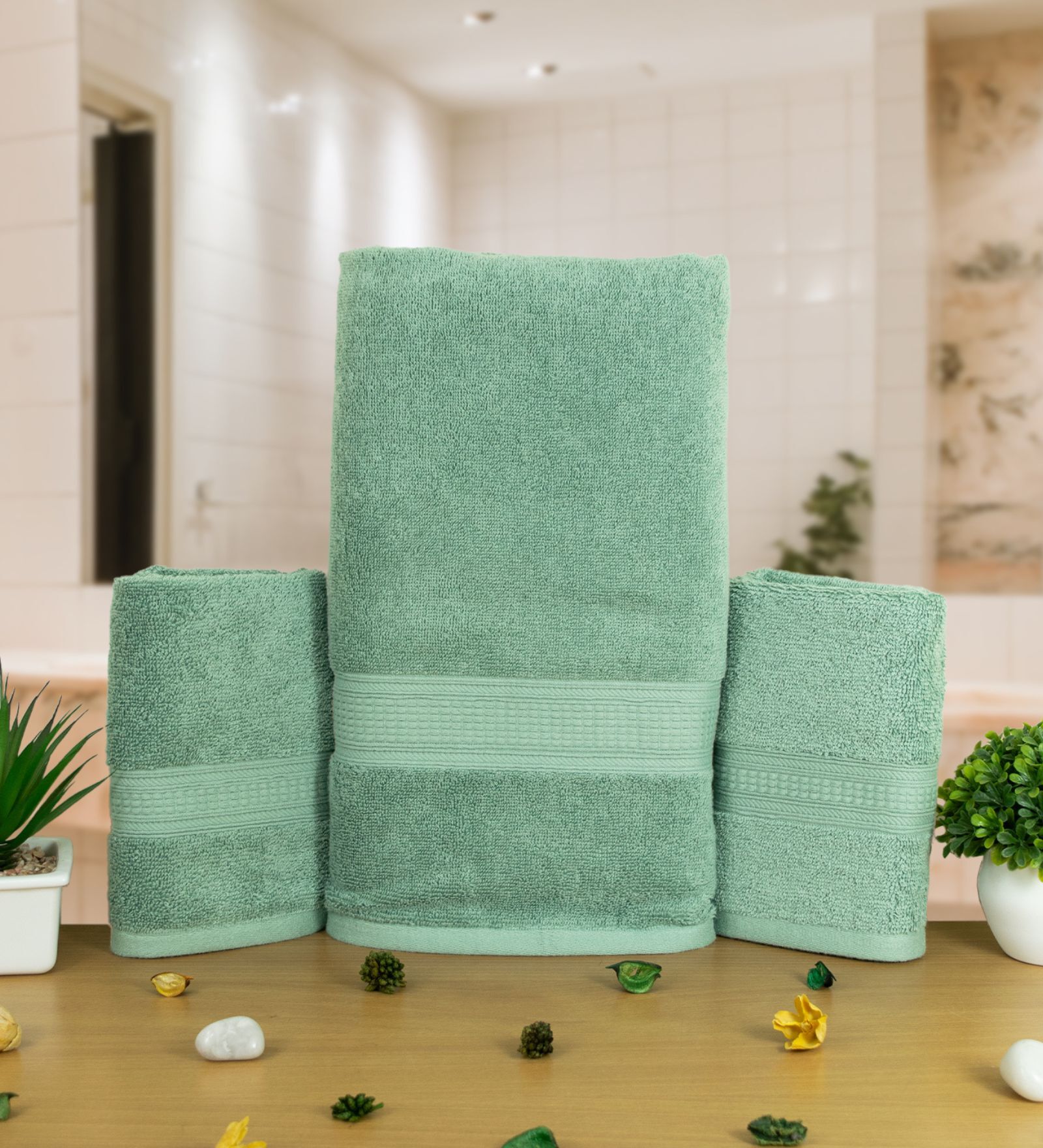 Mint Green Cotton Solid  500 GSM Bath & Hand Towels Pack of 3 (1Bath 2 Hand)