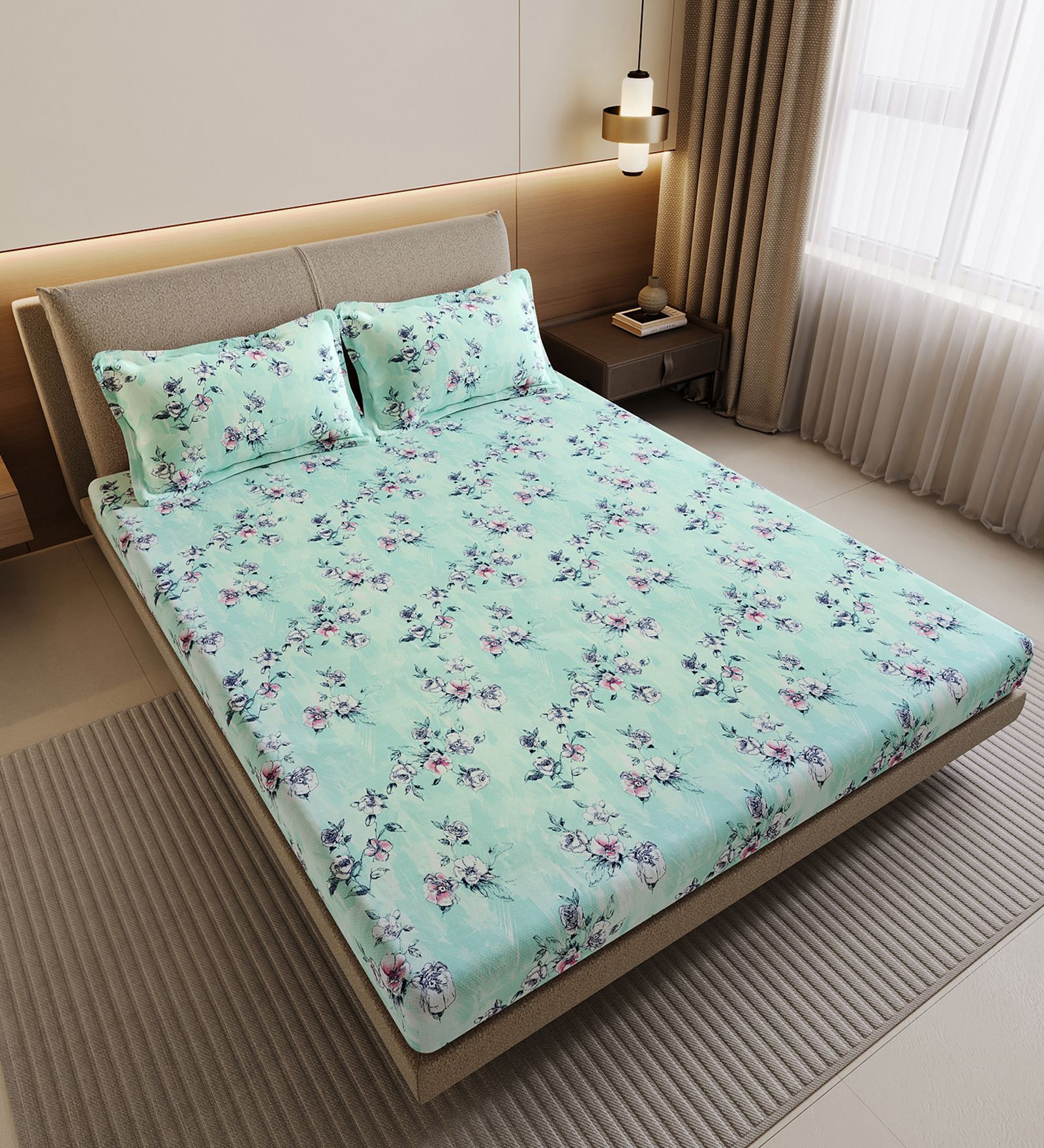 Mint Green Floral 144 Tc Cotton Elastic Fitted Double Bedsheet With 2 Pillowcovers