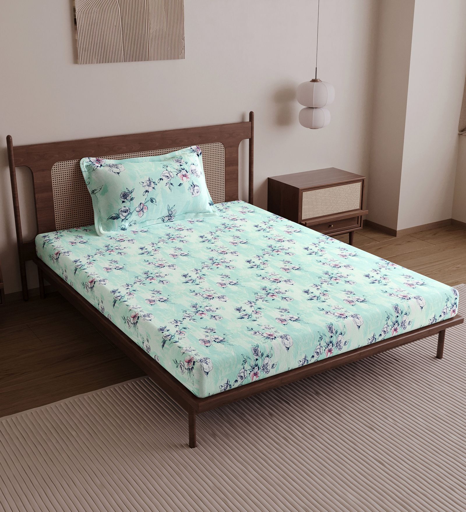 Mint Green Floral 144 Tc Cotton Elastic Fitted Single Bedsheet With Pillowcover