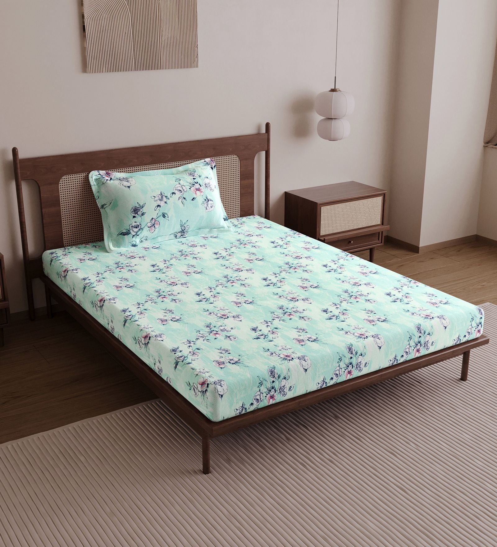 Mint Green Floral 144 Tc Cotton Single Bedsheet With Pillowcover