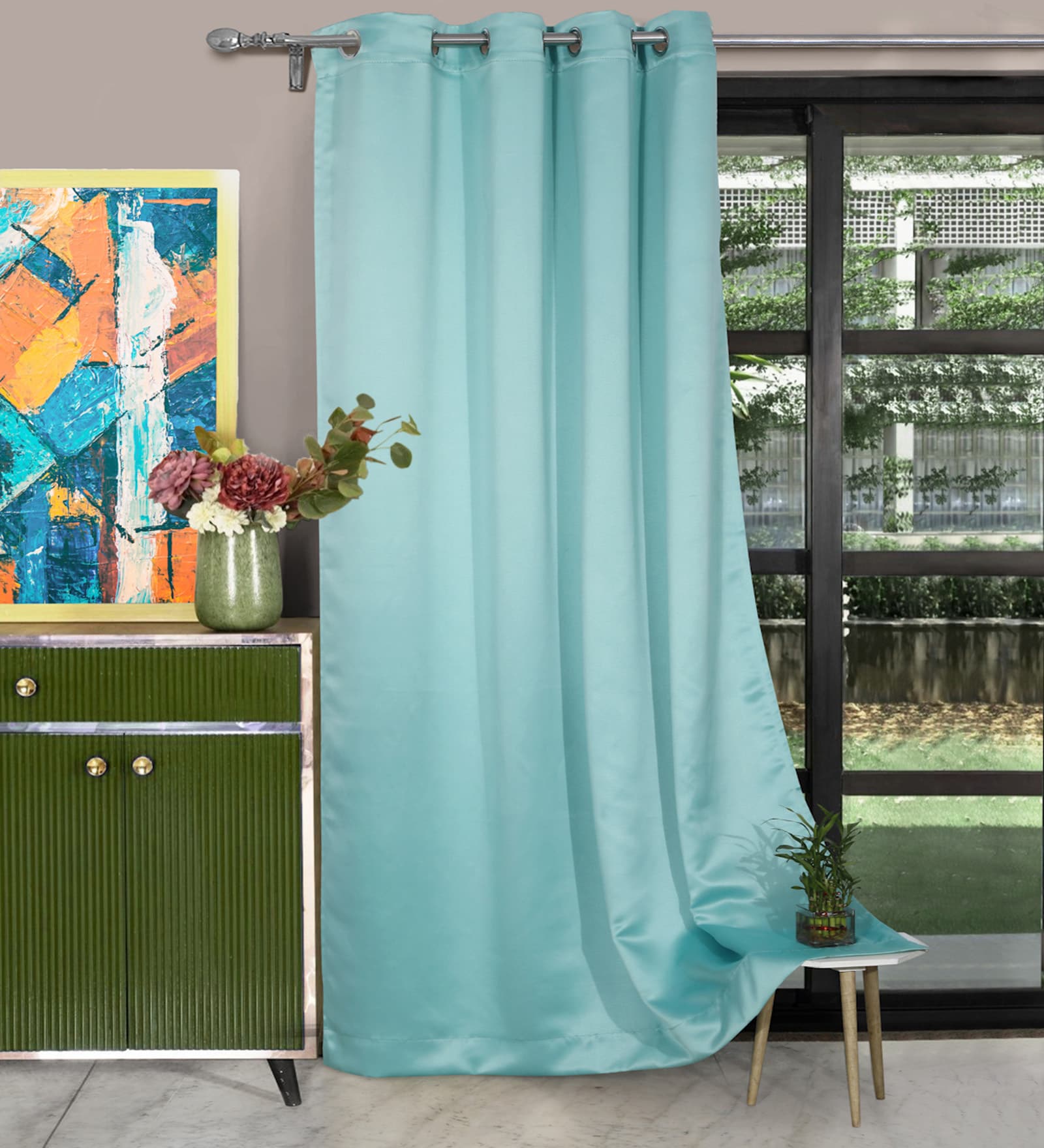 Mint Green Polyester Solid 7ft Blackout Eyelet Door Curtain