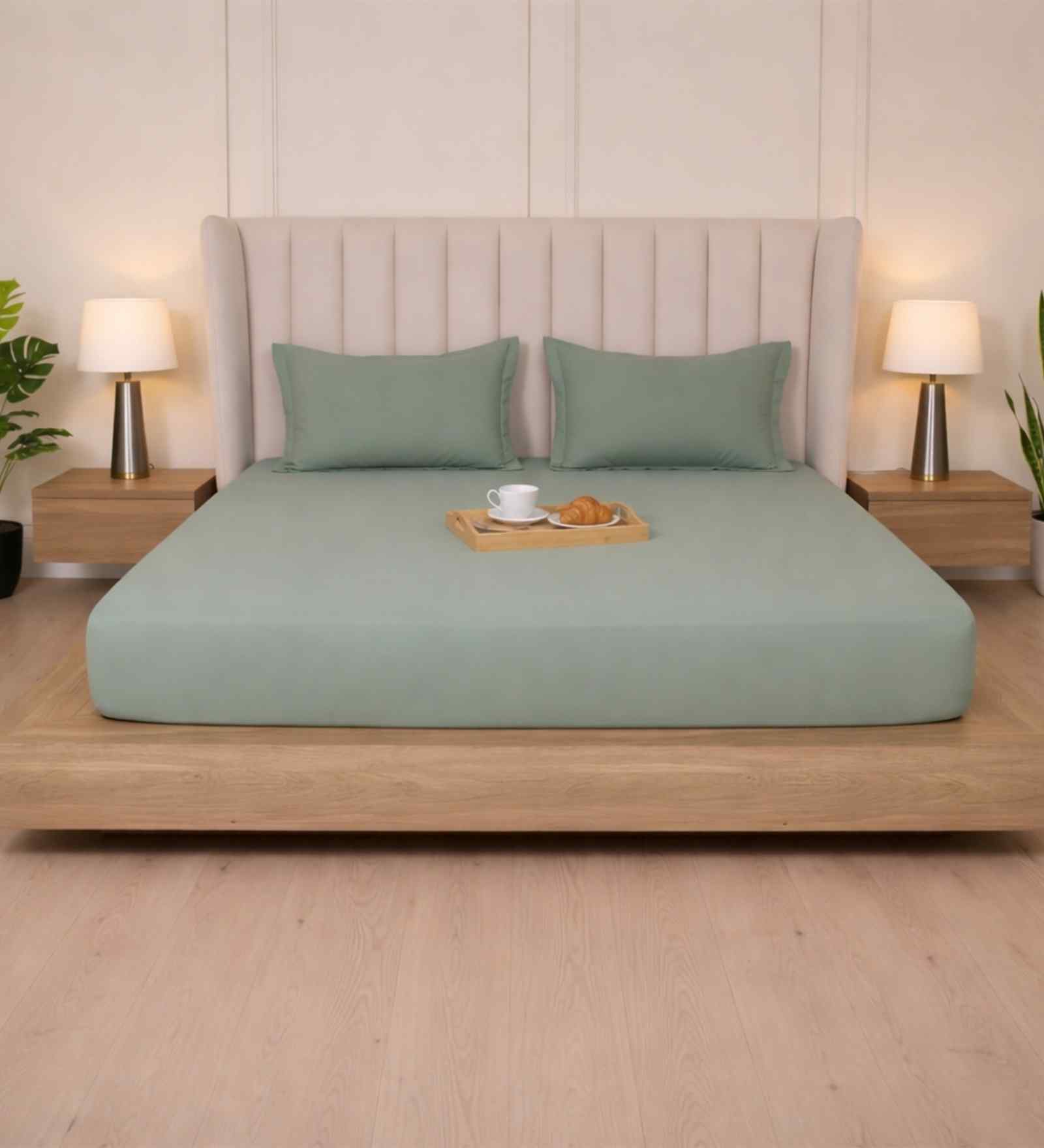 Minted Meadows Solid 300 TC Pure Cotton King Fitted Bedsheet with 2 Pillow Covers