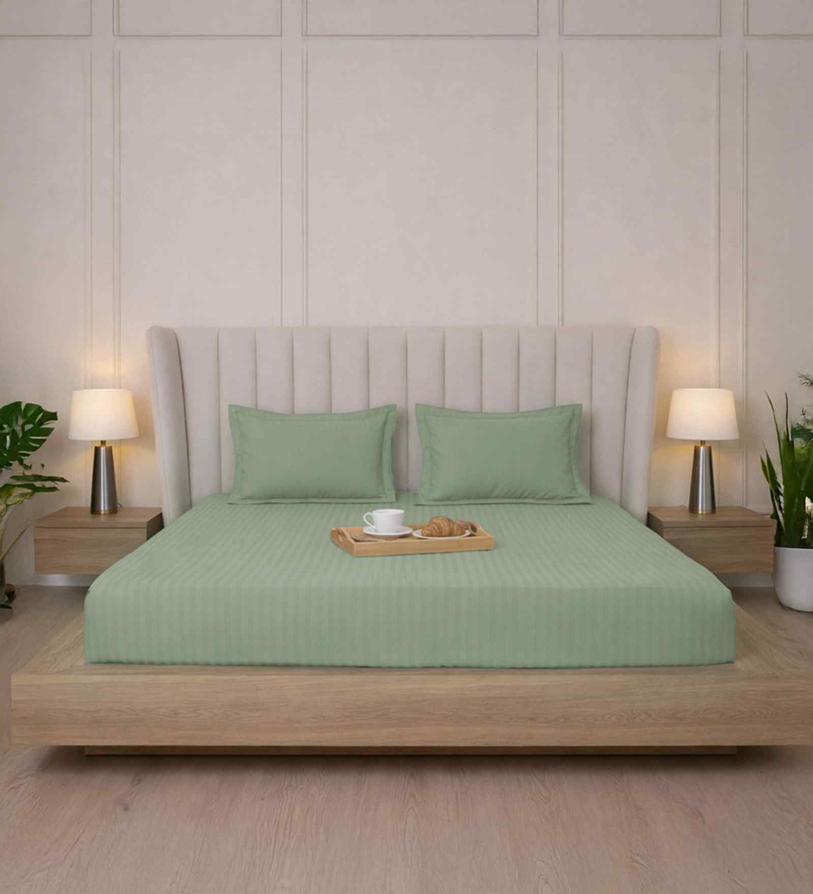 Minted Meadows Stripe 300 TC Pure Cotton King Fitted Bedsheet with 2 Pillow Covers