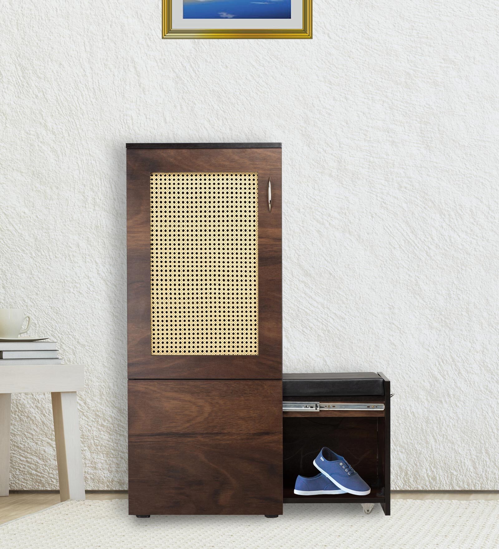 Mist Shoe Rack with Seating in Walnut Finish