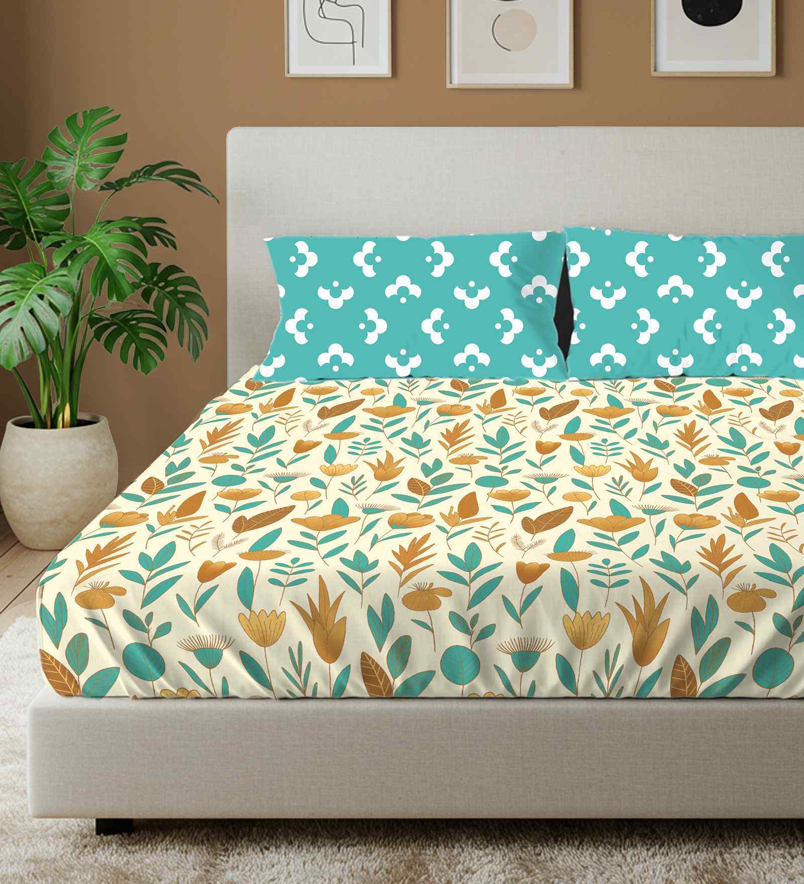 Mist Teal Blue Floral 144 Tc Cotton Double Bedsheet With 2 Pillow Covers