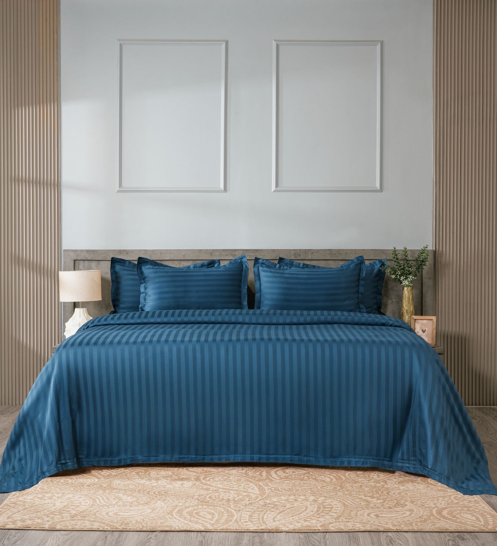 Drak Blue 300TC 100% Cotton Stripe Flat Super King Bedsheet with 2 Pillow Covers