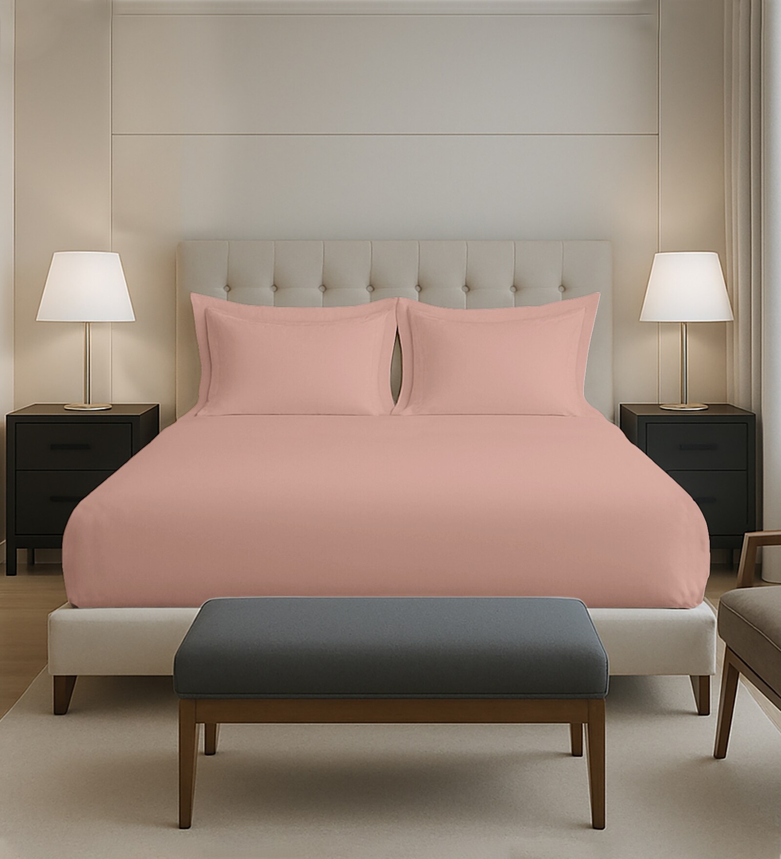 Misty Rose Solid 400 TC Cotton Queen Sized Fitted sheet with 2 Pillow Covers