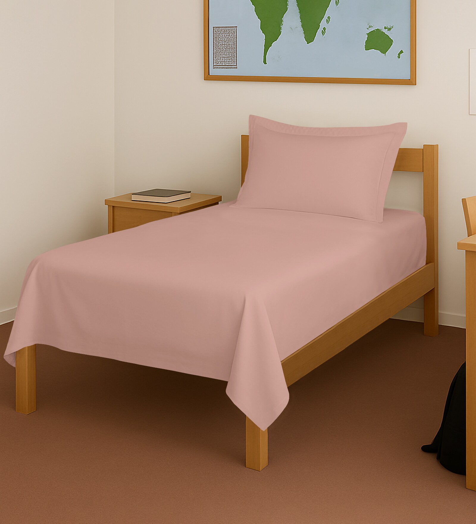 Misty Rose Solid 400 TC Cotton Single Sized Bedsheet with 1 Pillow Cover