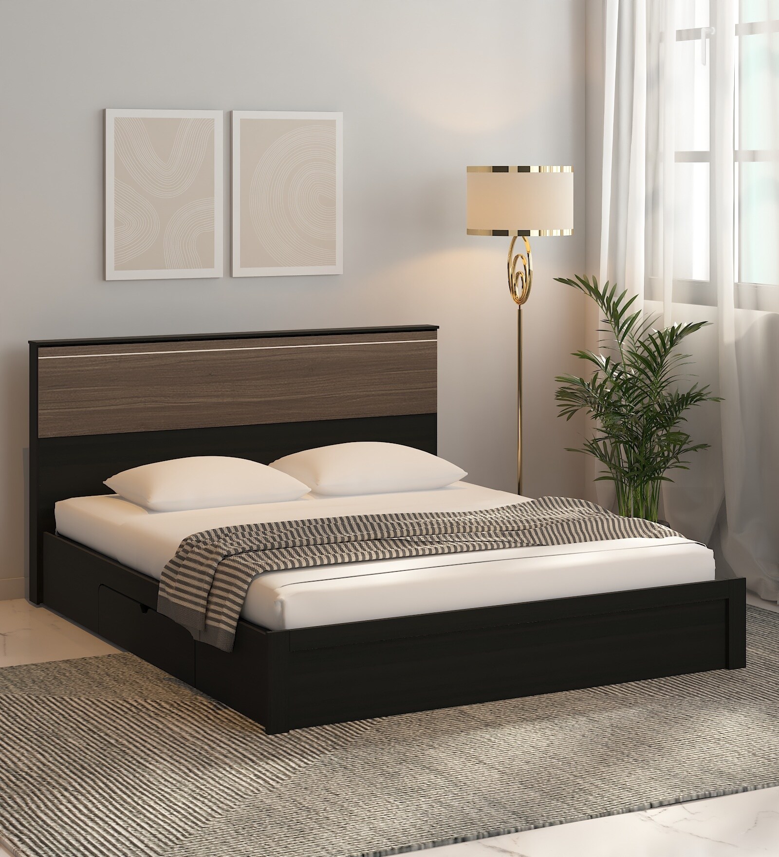 Miya Queen Size Bed in Wenge Finish with Drawer Storage