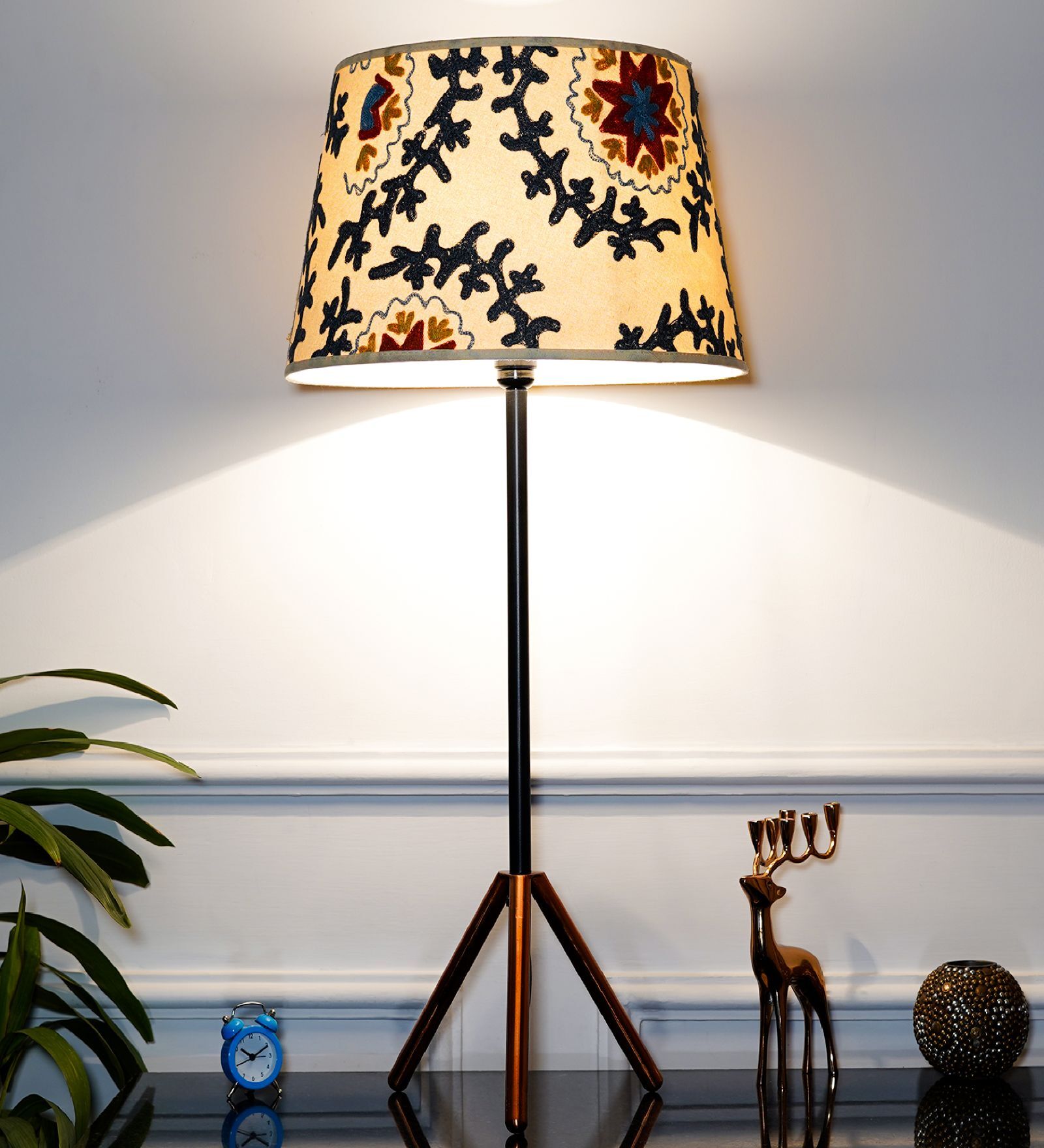 Mizuko Matte Black & Copper Table Lamp with Multi Color Casement Shade