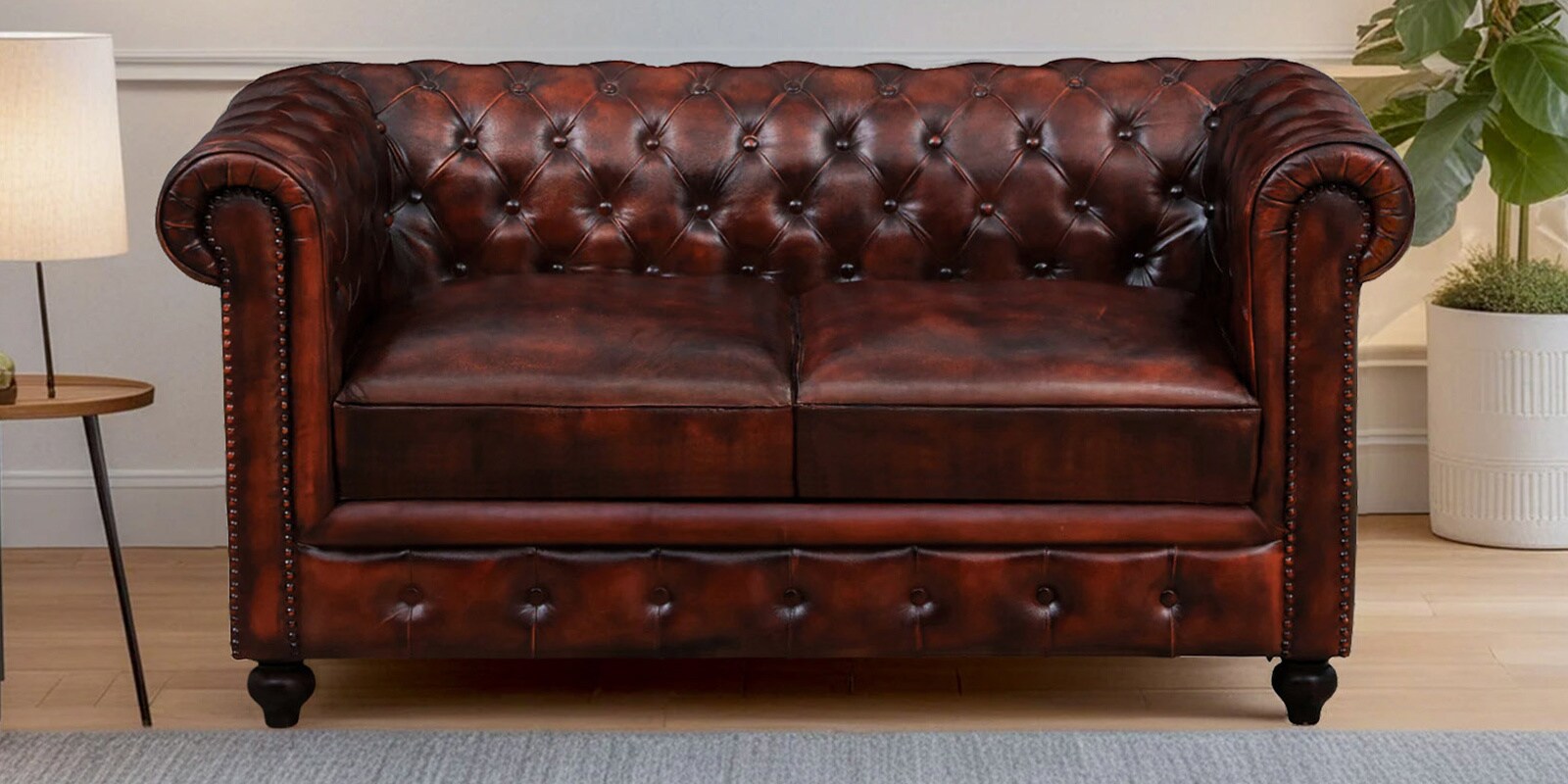 Miceli Leather 2 Seater Sofa In Brown Finish