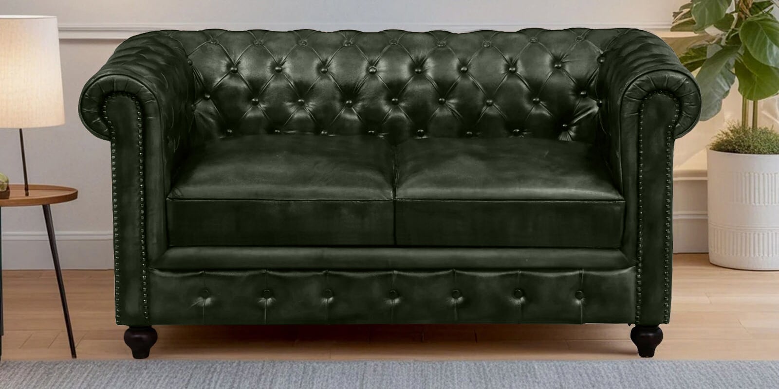 Miceli Leather 2 Seater Sofa In Olive Green Finish