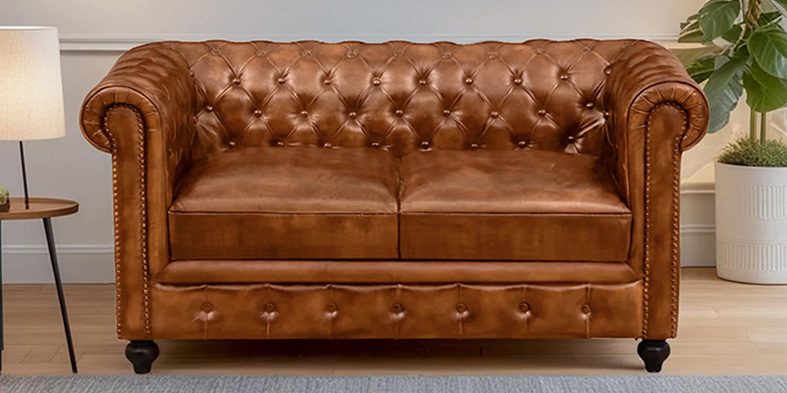 Miceli Leather 2 Seater Sofa In Tan Finish