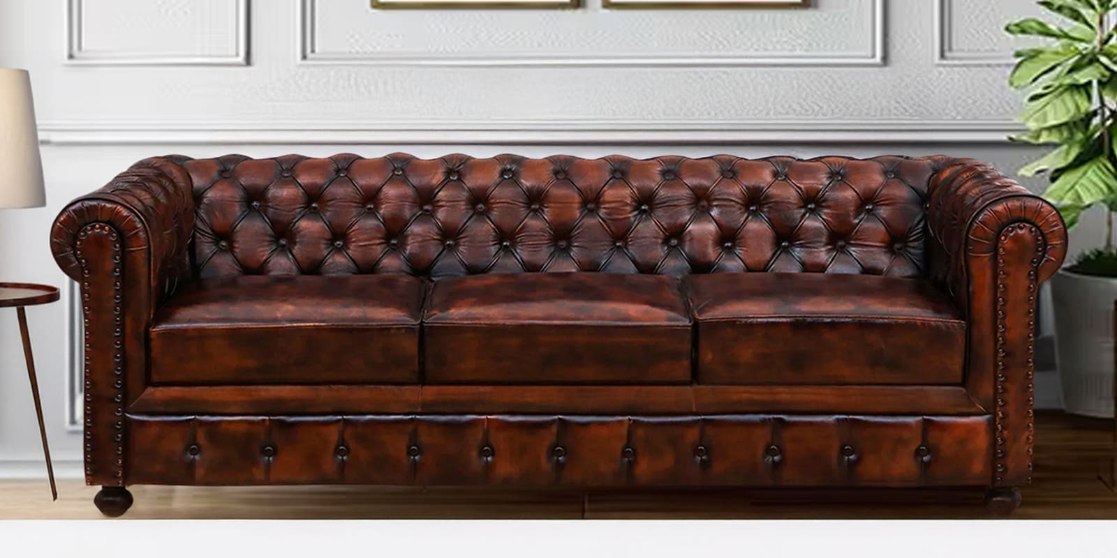 Miceli Leather 3 Seater Sofa In Brown Finish