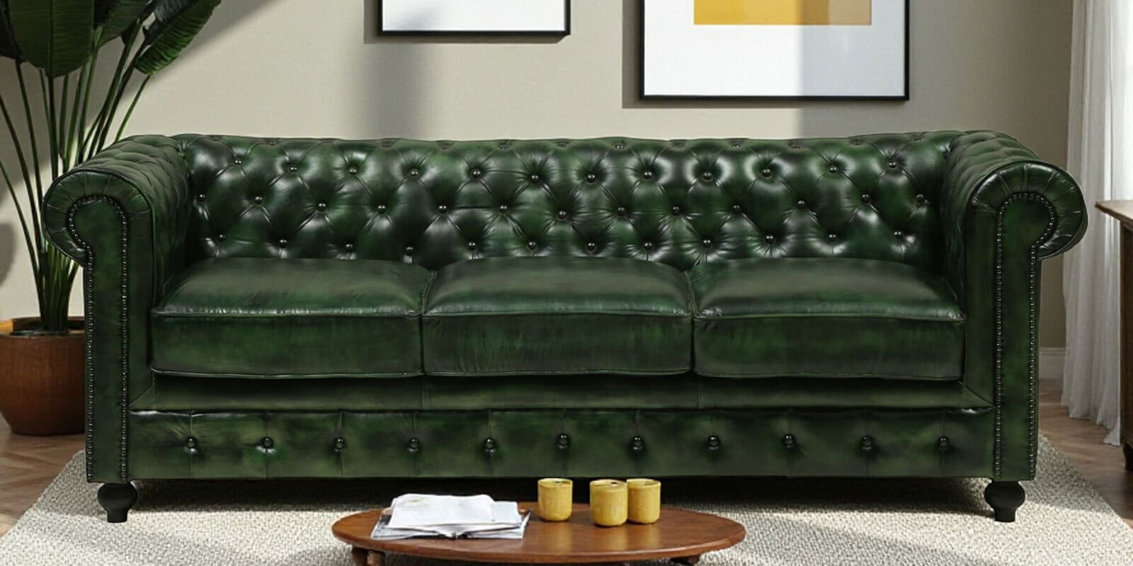 Miceli Leather 3 Seater Sofa In Olive Green Finish