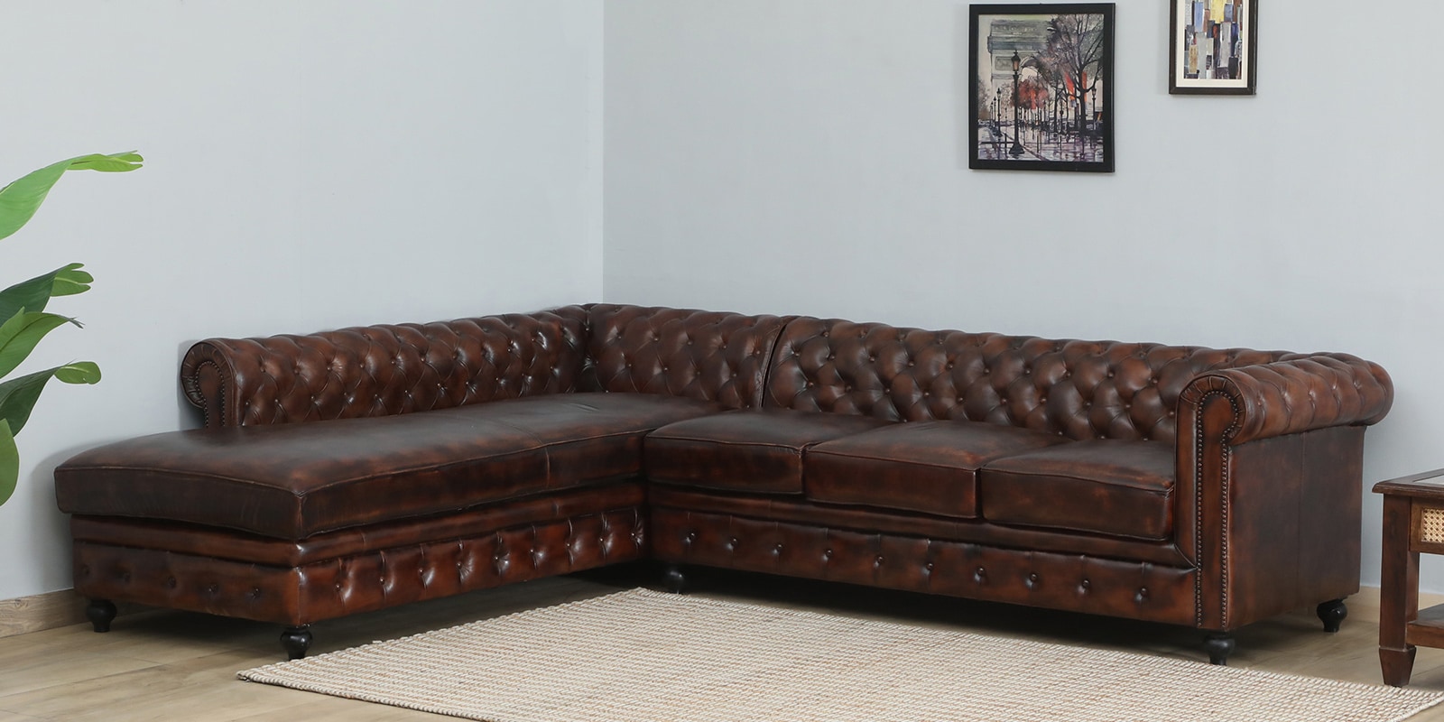 Miceli Leather RHS Sectional 3 Seater Sofa In Brown Finish