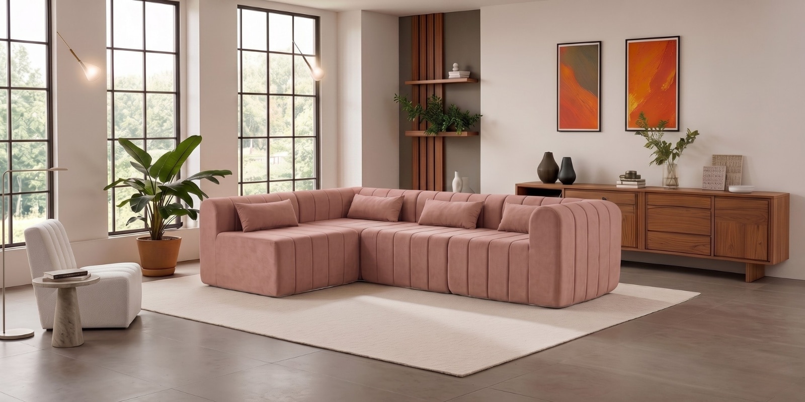 Milan Royale Corner Sectional Sofa In Blush Pink Color
