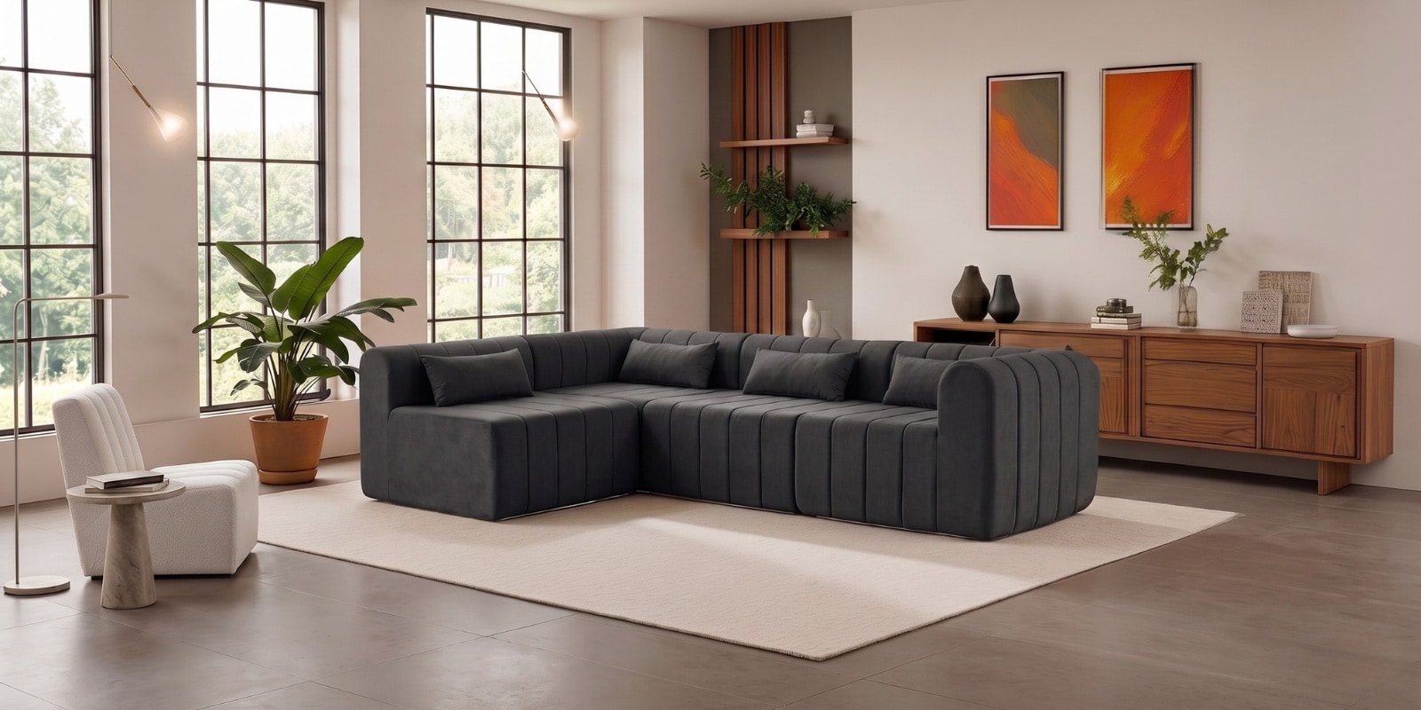 Milan Royale Corner Sectional Sofa In Dark Grey Color